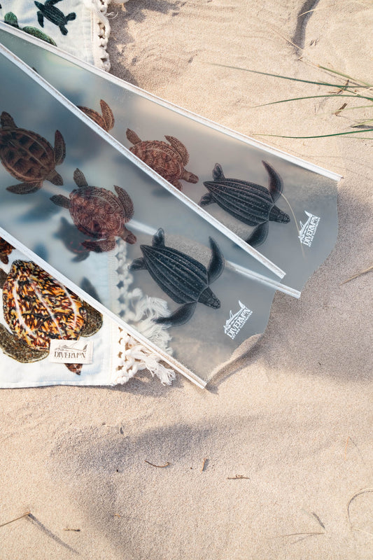Freediving fins with hand-drawn sea turtle design in vibrant blue ocean tones Leatherback Turtle, Green Turtle, Hawksbill Turtle