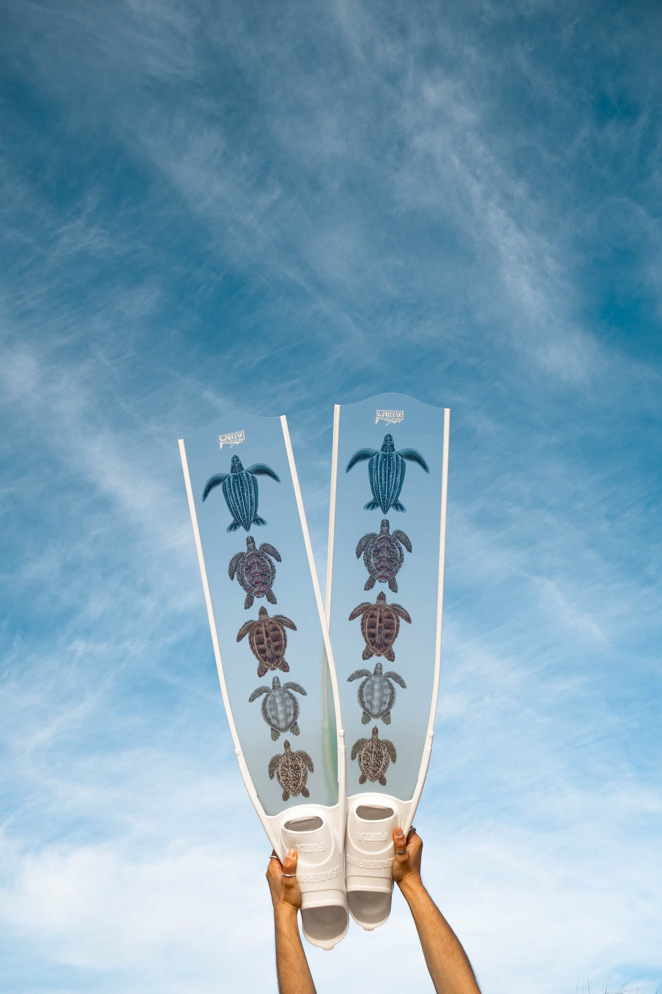 Person holding up white diving fins with turtle design against a blue sky Freediving fins with hand-drawn sea turtle design in vibrant blue ocean tones Leatherback Turtle Green Turtle Hawksbill Turtle Oliver Ridley Turtle