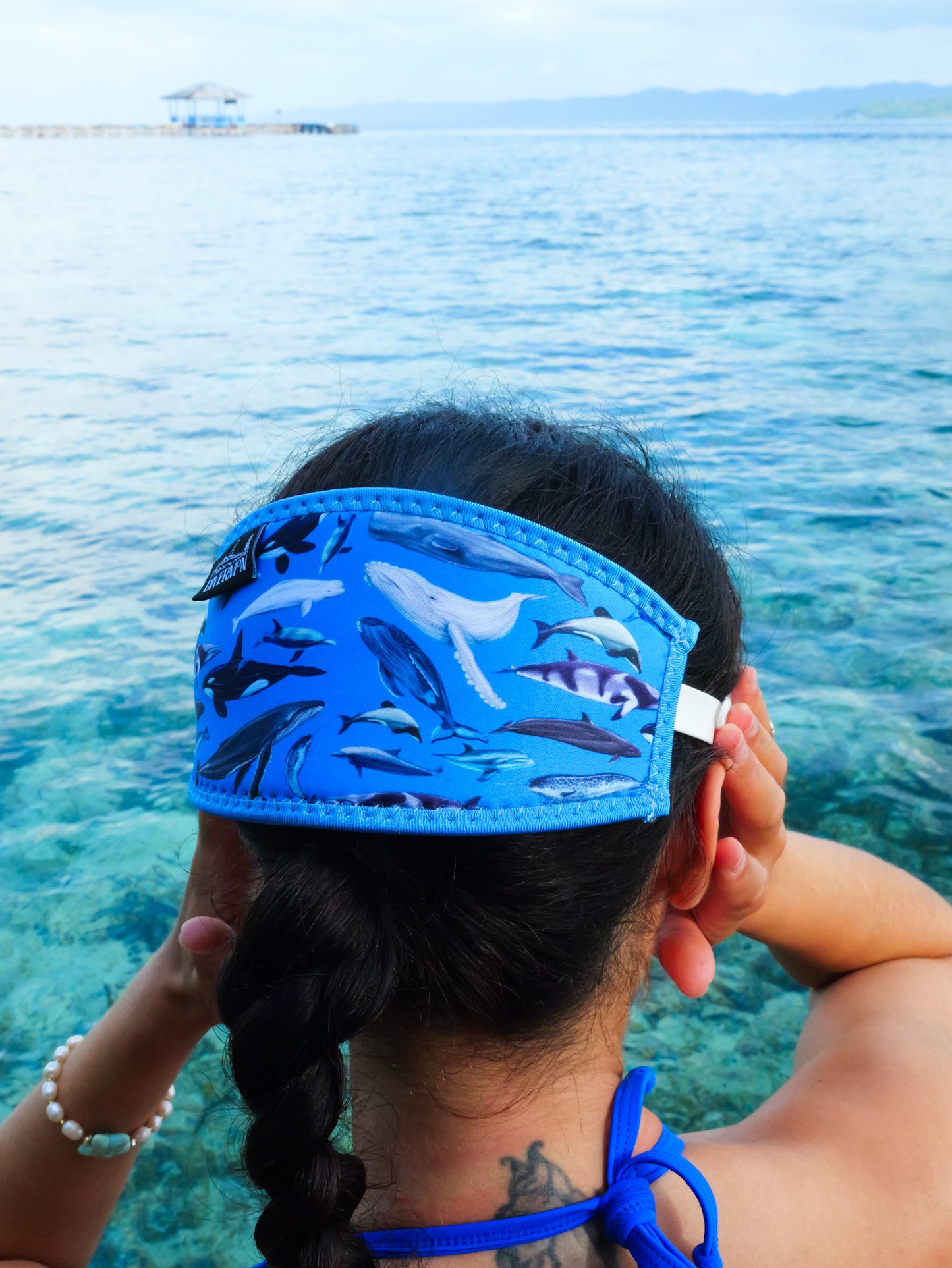 Dark haired woman in blue clear water close up with the Dolphins, whales and porpoises with a light blue background neoprene mask strap tamer ocean illustration by Diver Mon Art