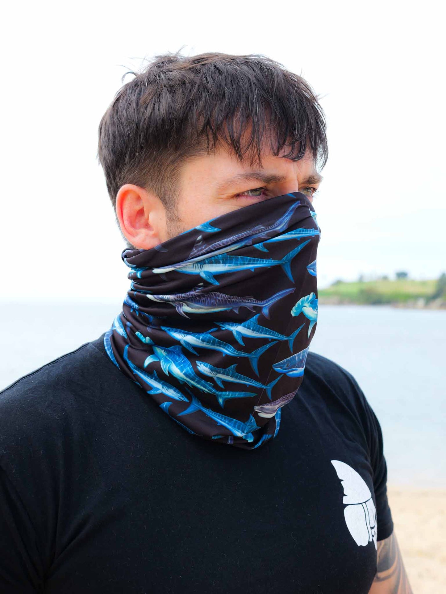 Sharks Black UV gaiter full view Divermon Art ocean illustration