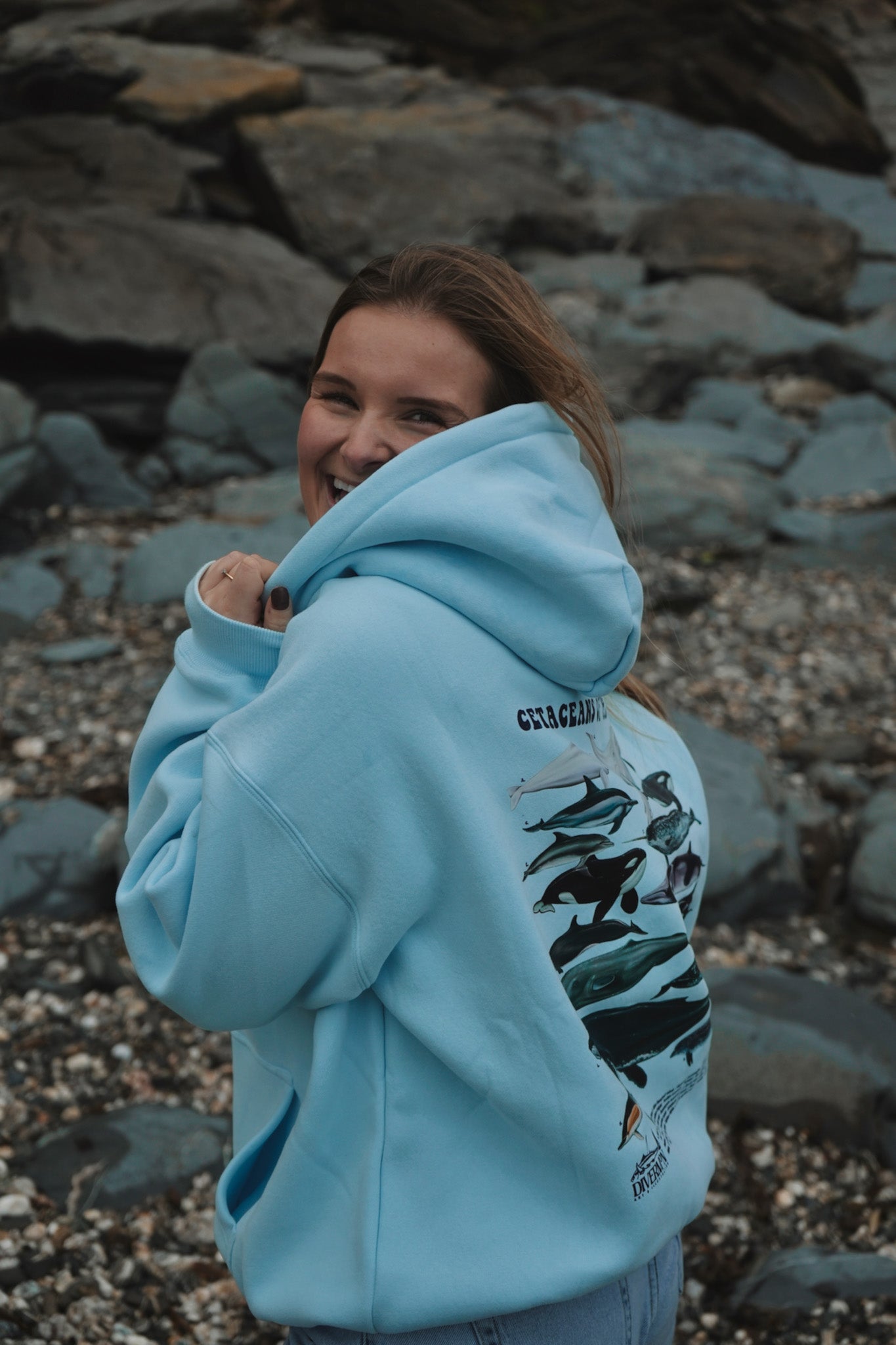 Cetacean Light Blue cotton hoodie Divermon Art ocean inspired graphic