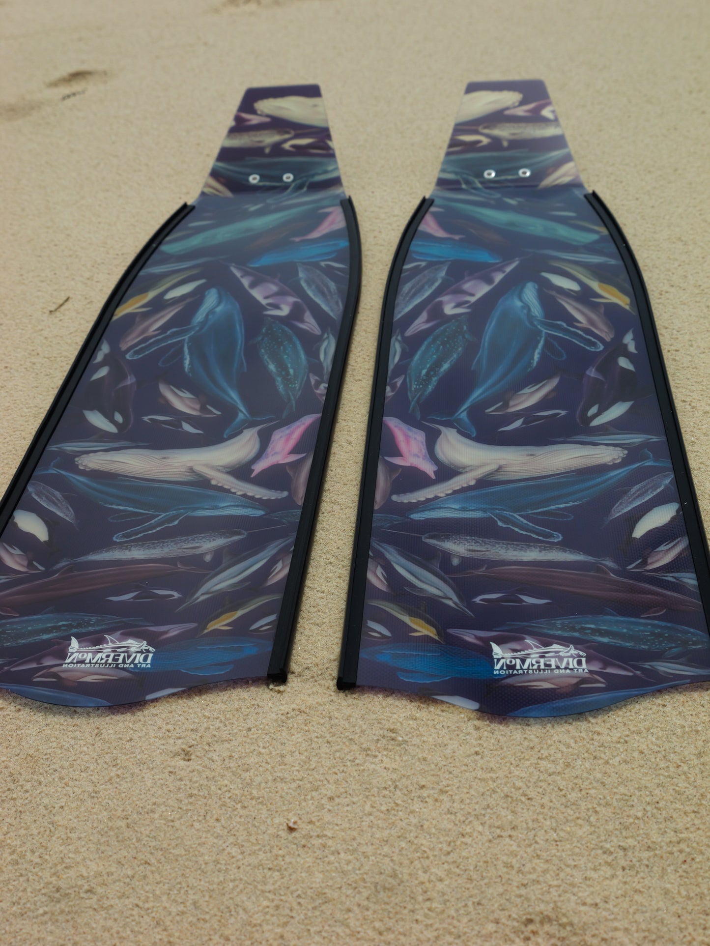 Whale artwork freediving fins featuring DiverMon marine life ocean illustration for divers