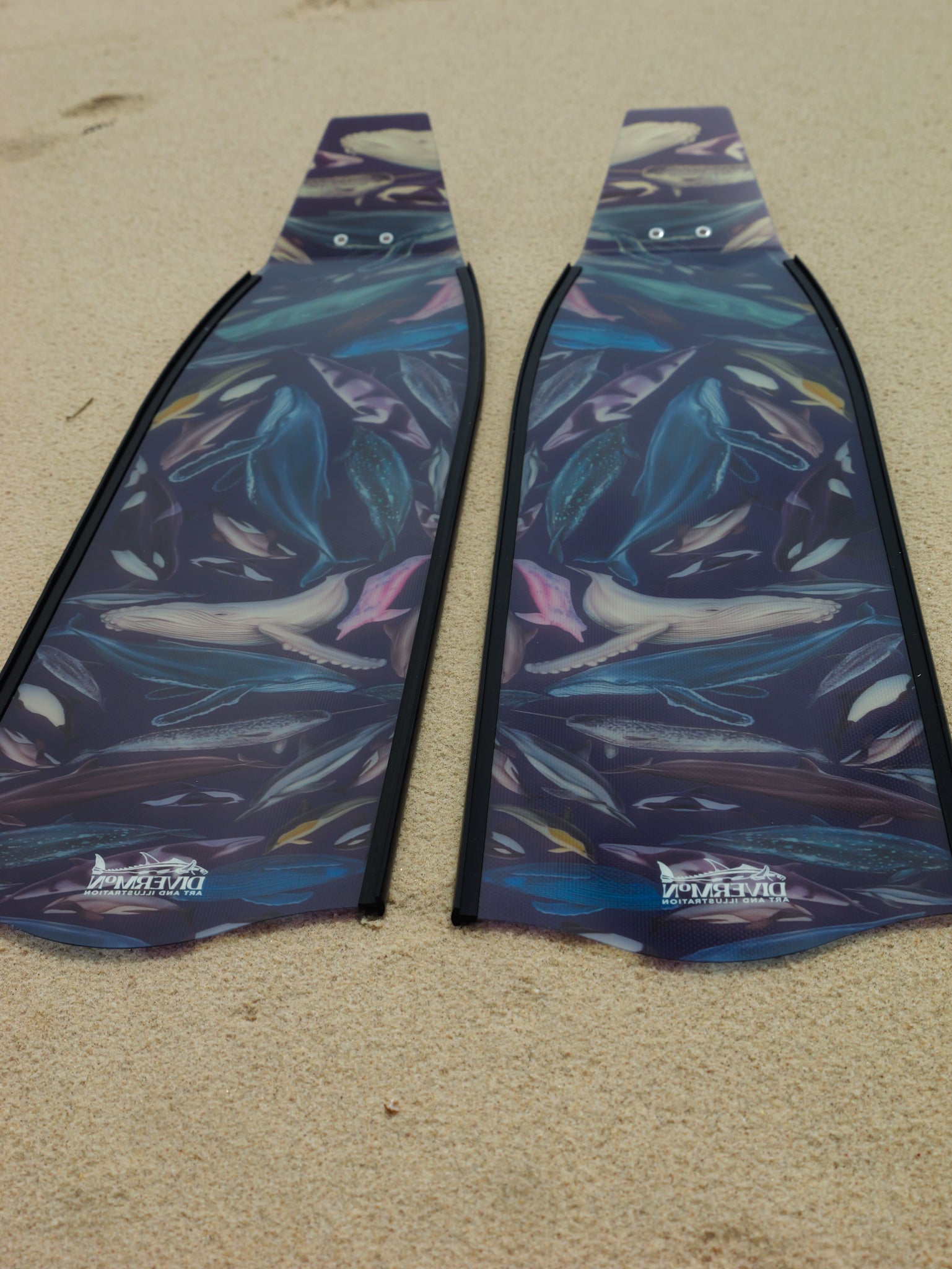 Whale artwork freediving fins featuring DiverMon marine life ocean illustration for divers
