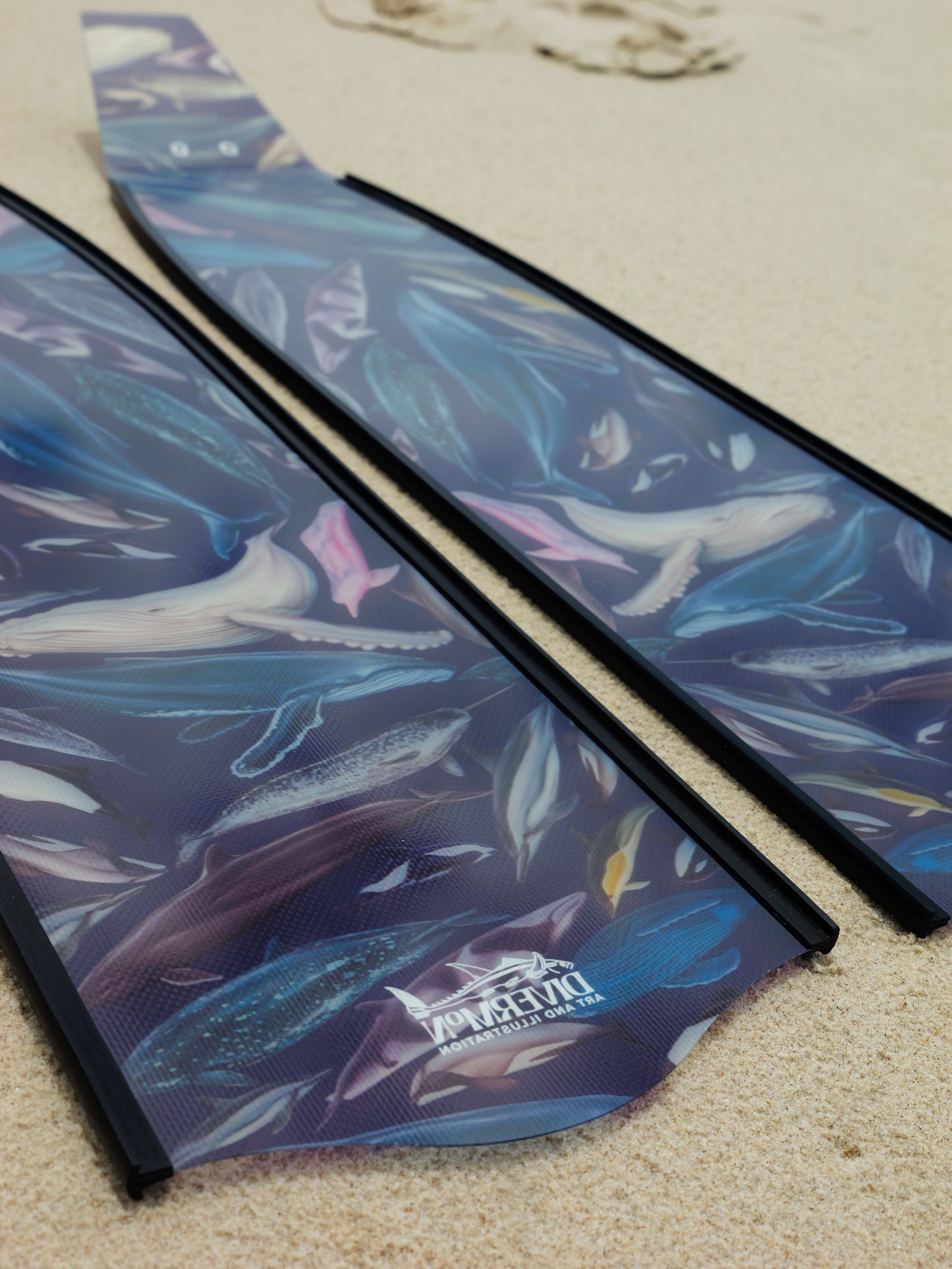 Whale artwork freediving fins featuring DiverMon marine life ocean illustration for divers