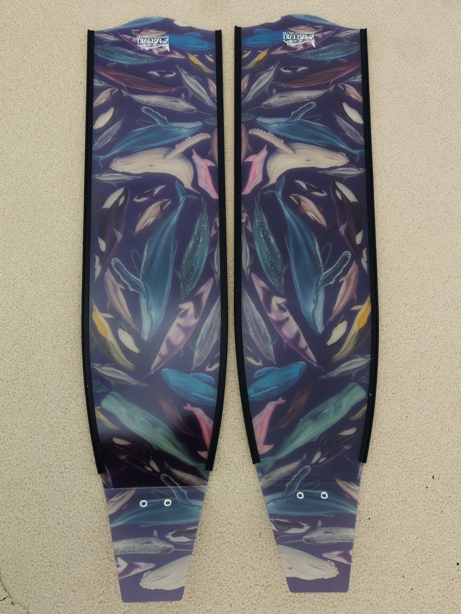 Whale artwork freediving fins featuring DiverMon marine life ocean illustration for divers