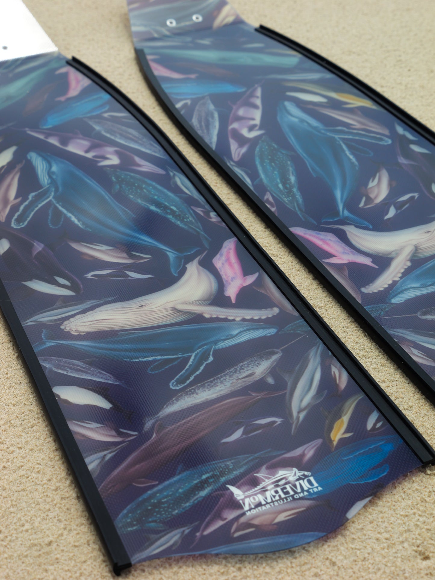 Whale artwork freediving fins featuring DiverMon marine life ocean illustration for divers