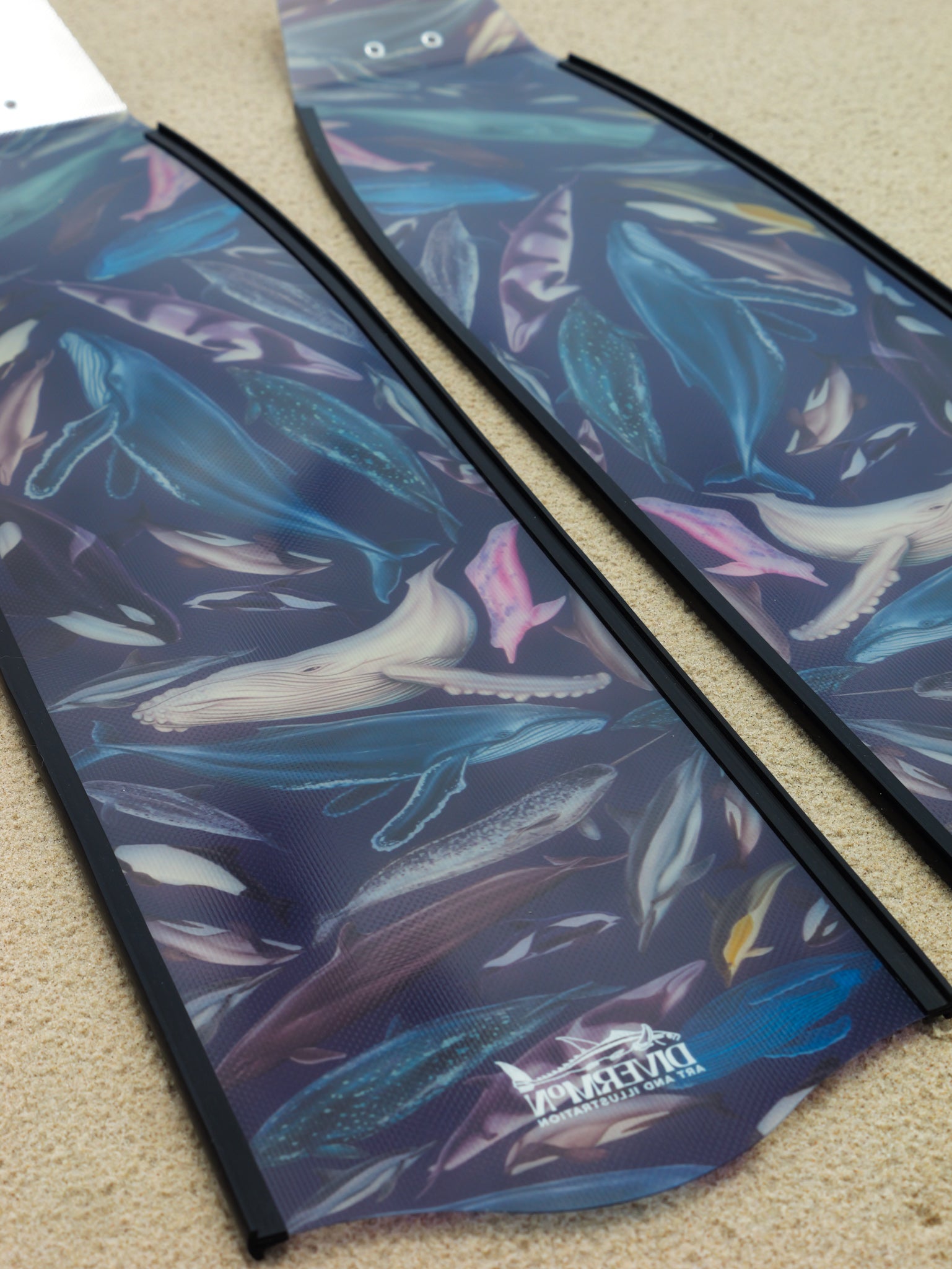 Whale artwork freediving fins featuring DiverMon marine life ocean illustration for divers