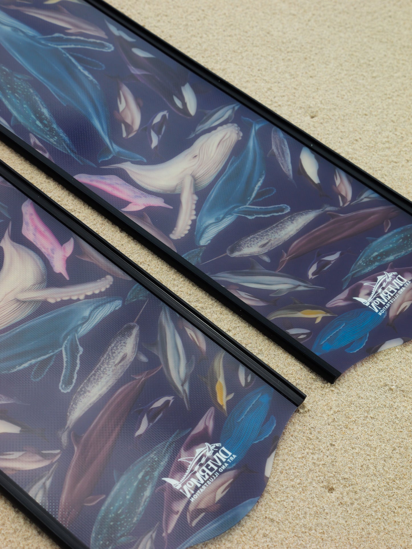 Whale artwork freediving fins featuring DiverMon marine life ocean illustration for divers