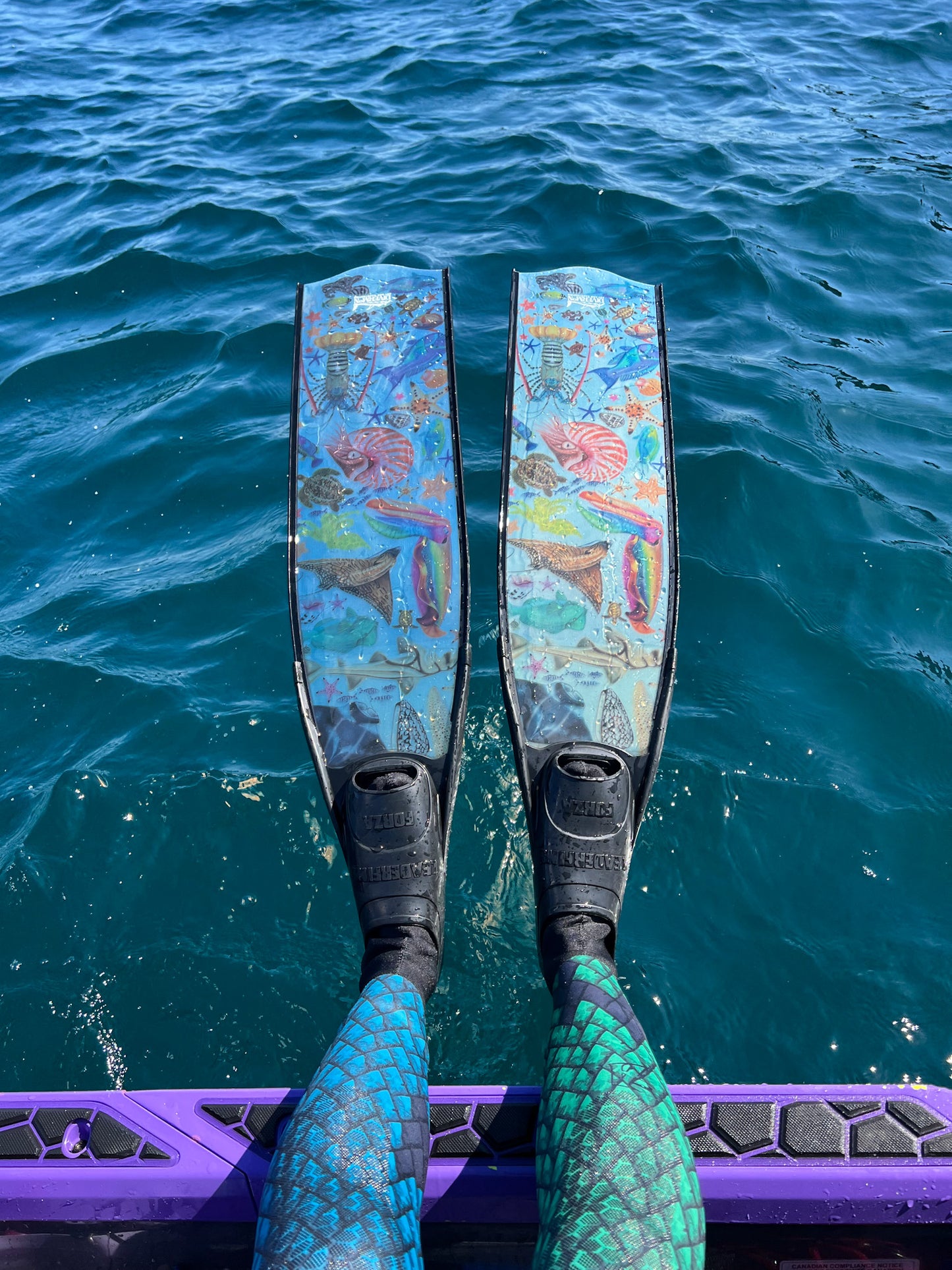 Rainbow Black freediving fins foot pocket close up Divermon Art