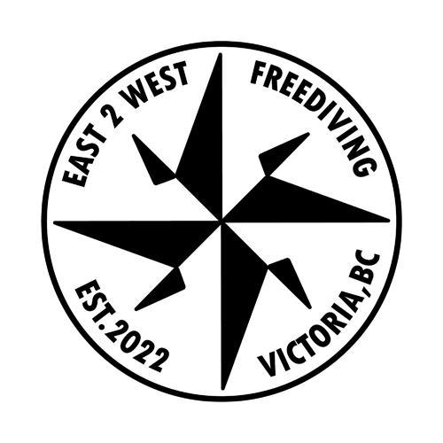 Black compass rose logo with text 'East 2 West Freediving Victoria, BC' on a white background