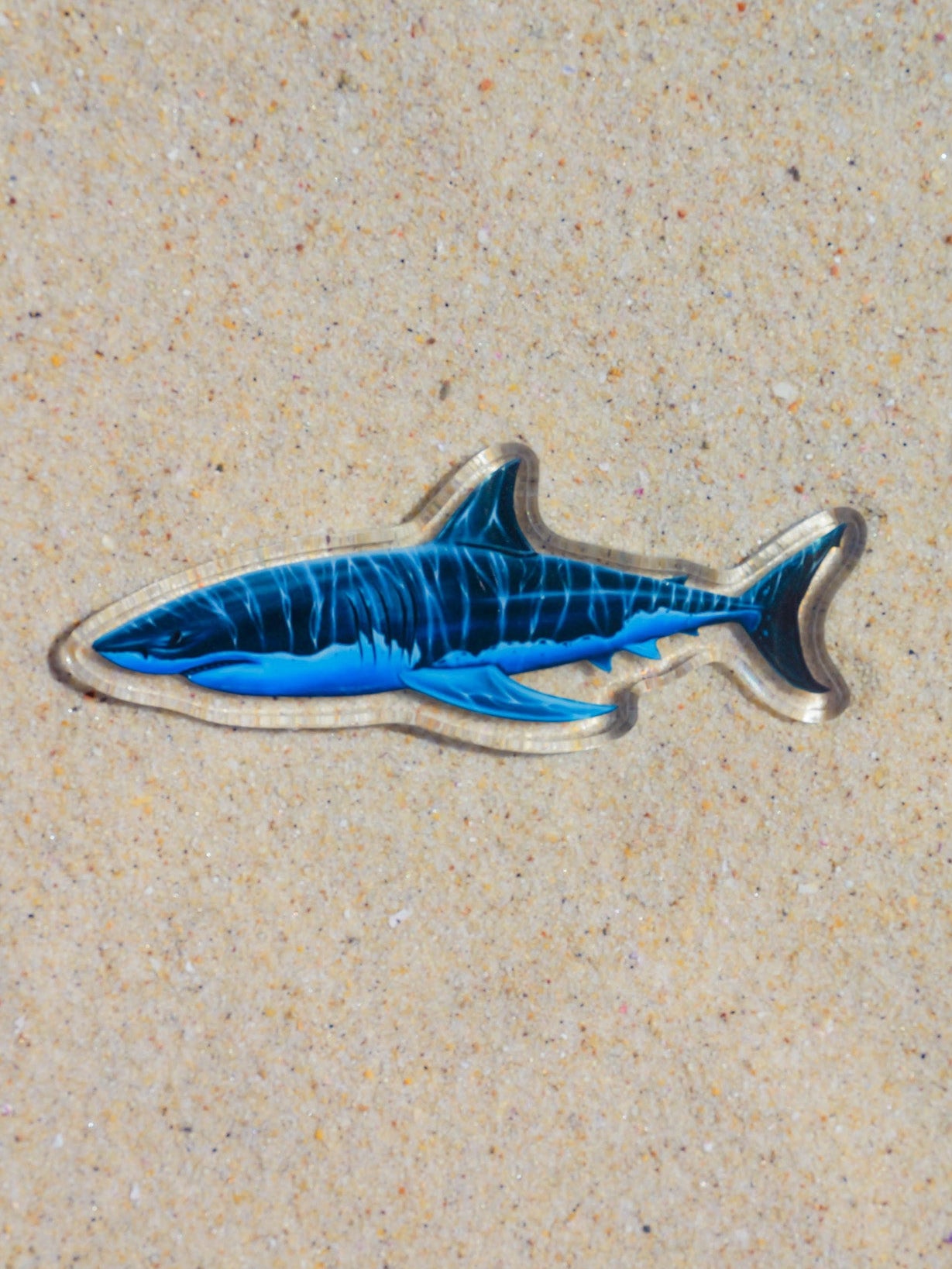 Blue Great White Shark Fridge Magnet by Divermon on a sandy beach background 