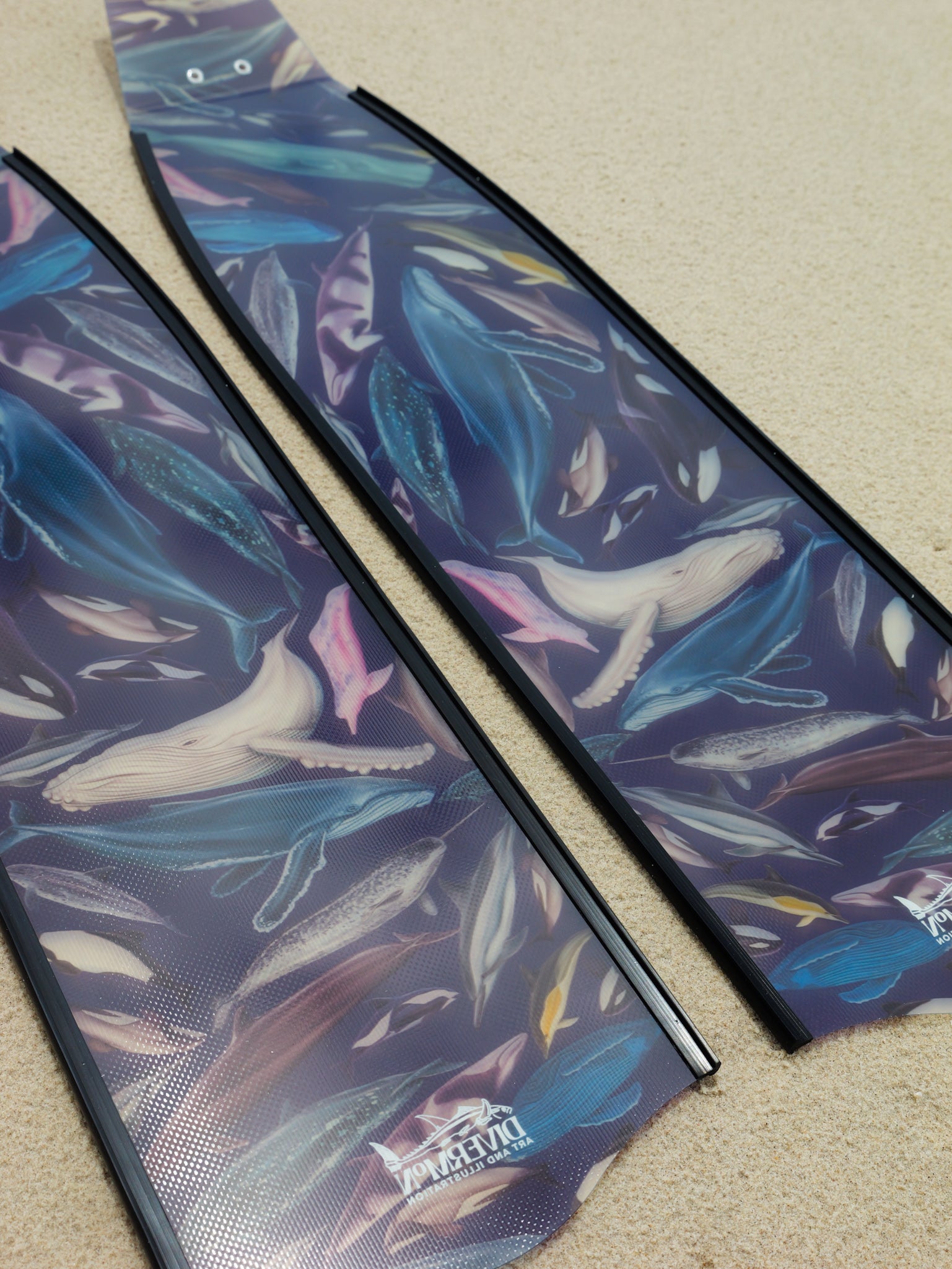 Whale artwork freediving fins featuring DiverMon marine life ocean illustration for divers