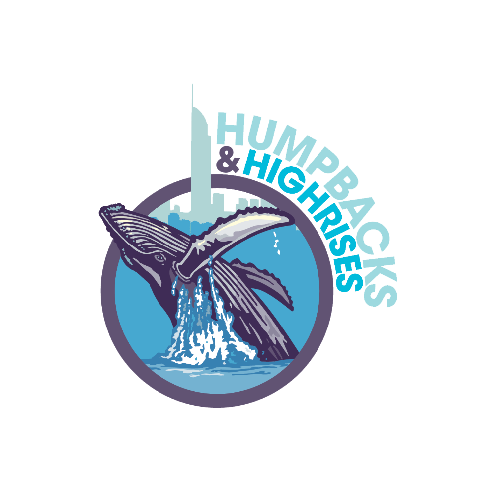 A circular illustrated logo featuring a humpback whale breaching water, with a pale skyline and the words “HUMPBACKS & HIGHRISES” in light blue and dark purple text.