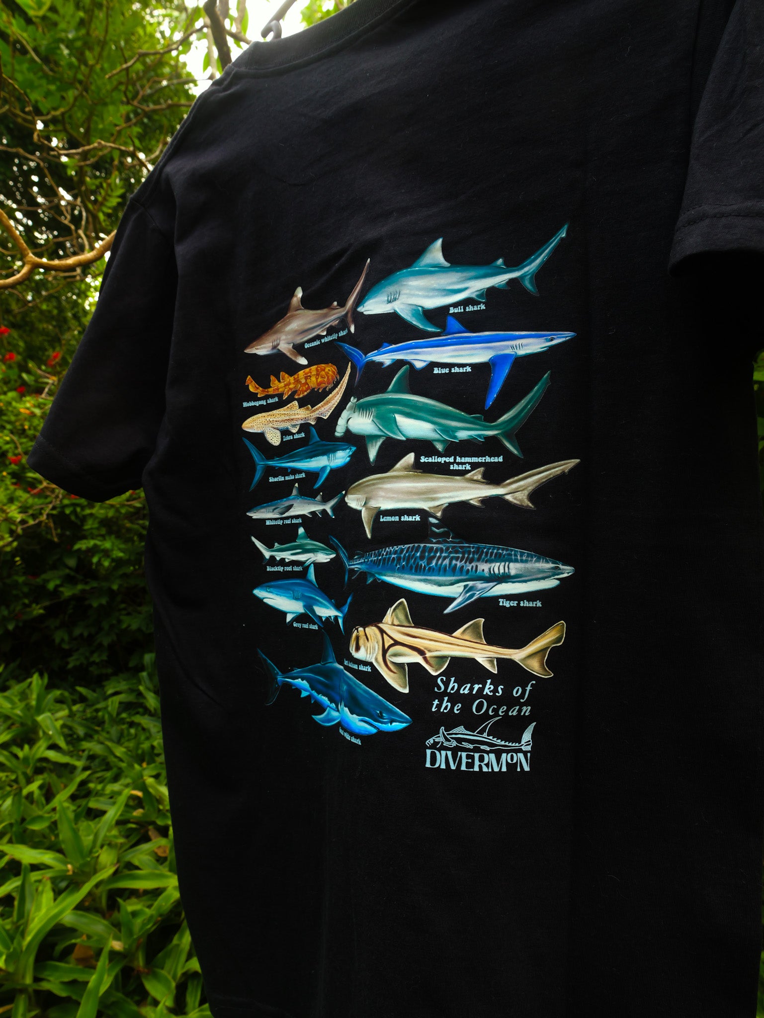 Sharks Black t-shirt front design detail by Divermon marine life