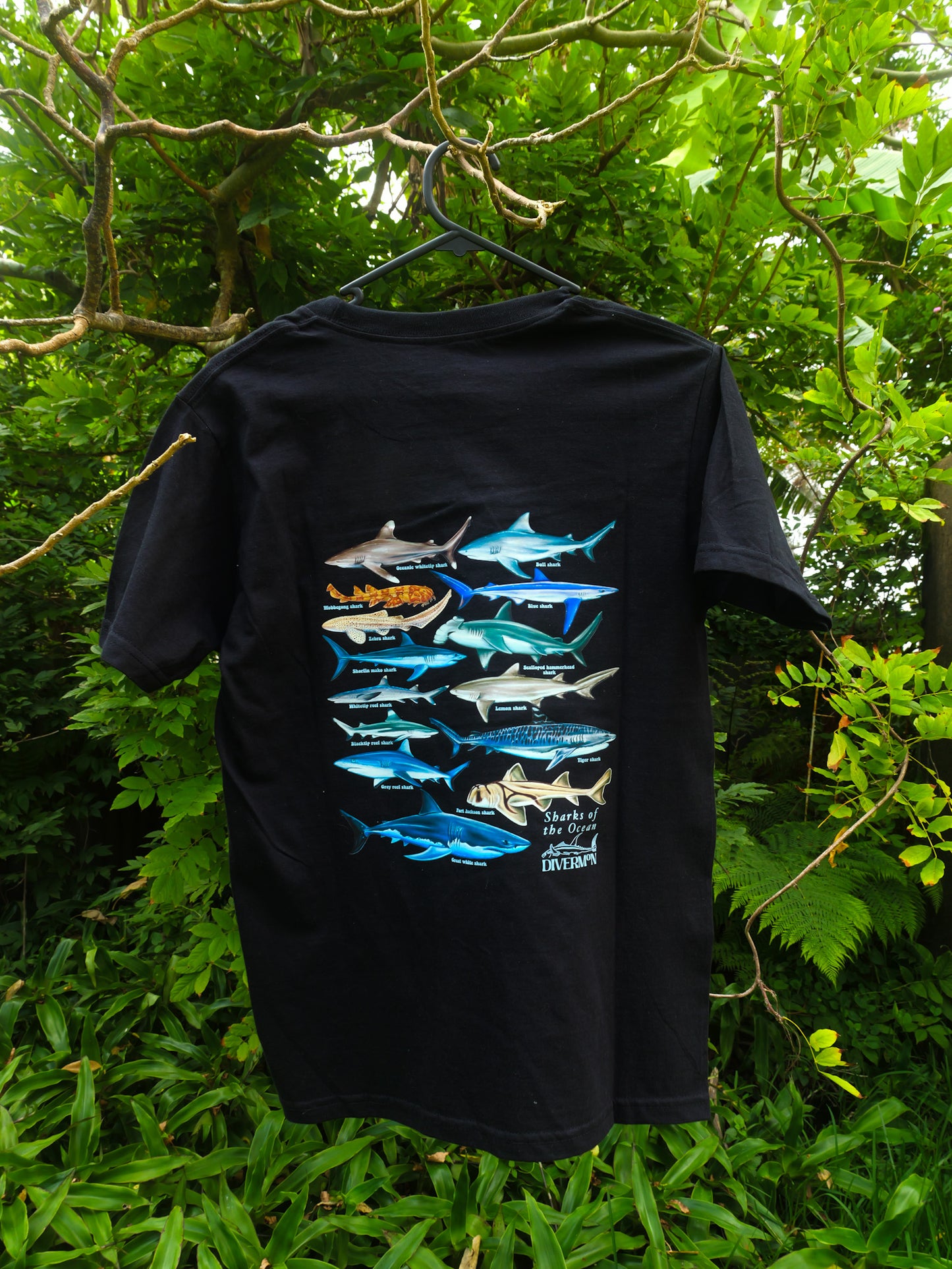 Sharks Black t-shirt back design close up Divermon Art ocean print