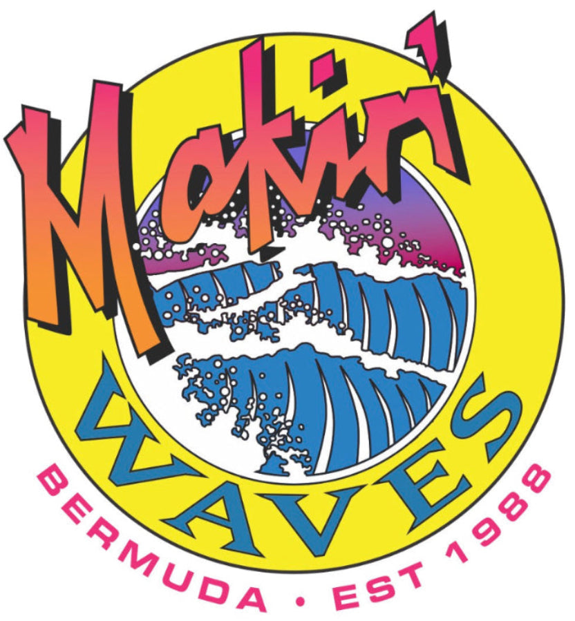 Logo for 'Makin Waves' with colorful text and wave design on a yellow circle.
