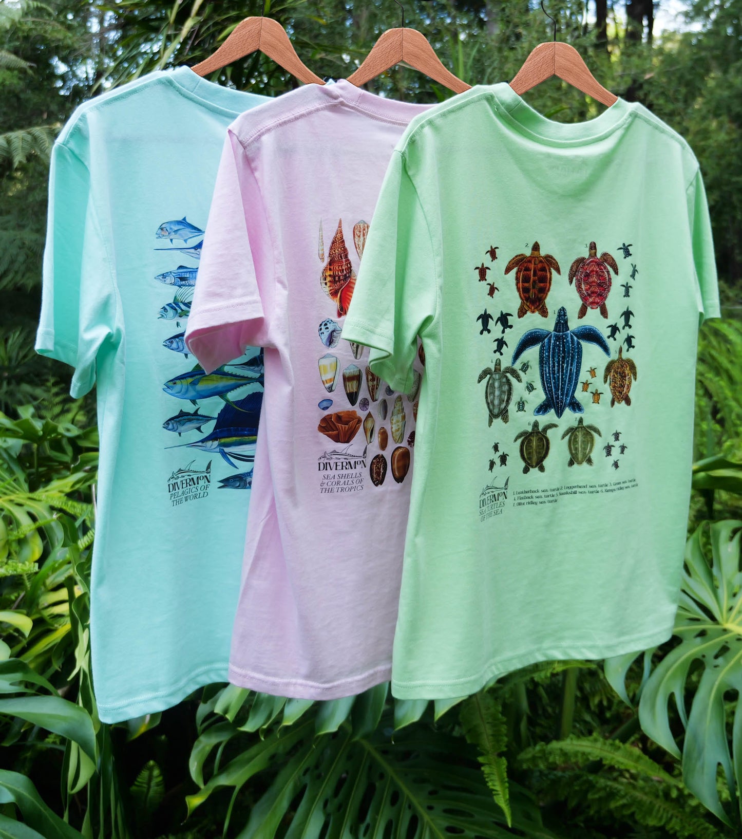 Diver Mon Art ocean art t shirt collection featuring sea turtle species tee, seashell tee and marlin shirt inspired by marine life