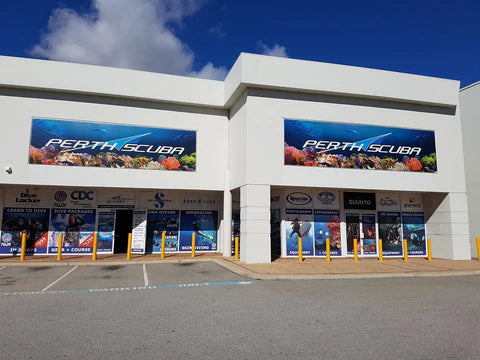 Perth Scuba store front with large banners on a clear day