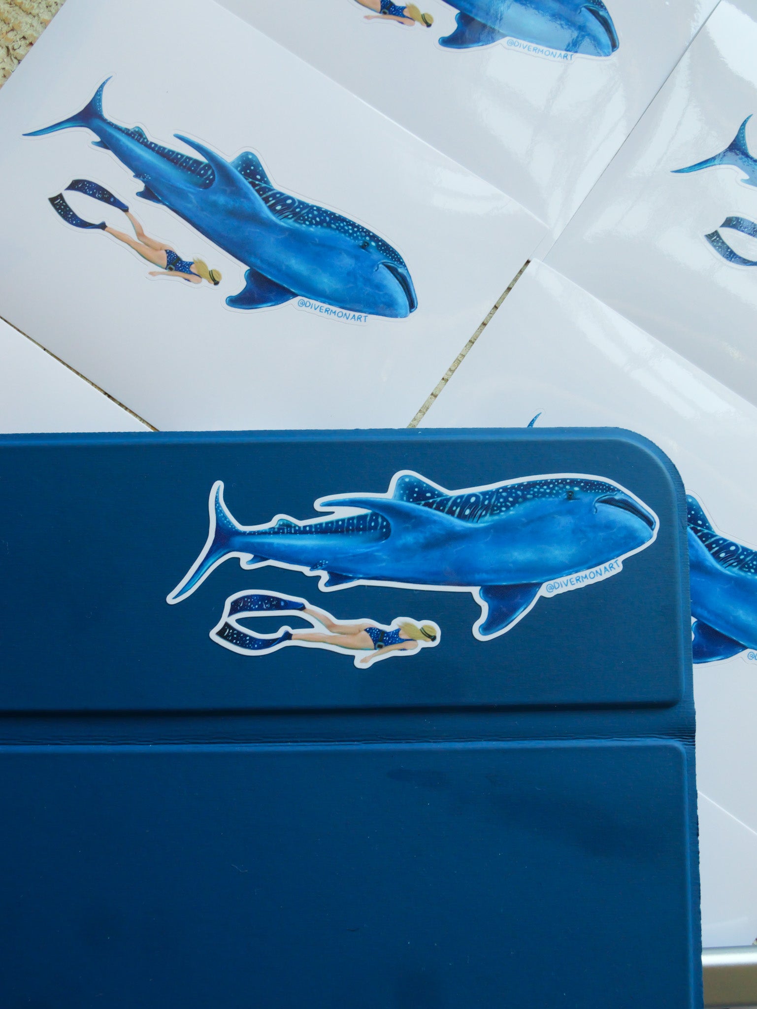 Whale Shark Blonde Diver sticker by Diver Mon Art on waterproof vinyl for ocean lovers