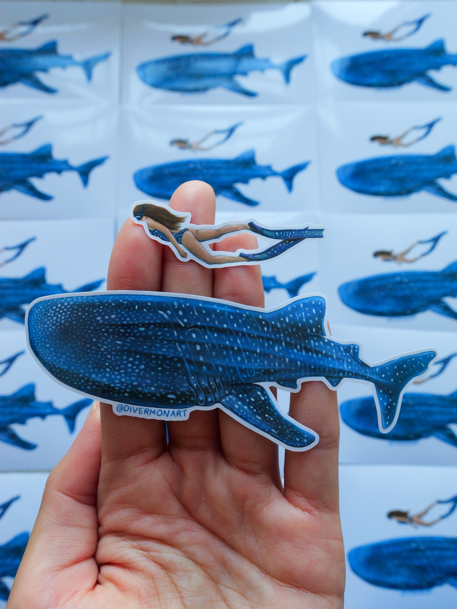 Whale Shark Brunette Diver vinyl sticker by Diver Mon Art with brunette diver and whale shark design