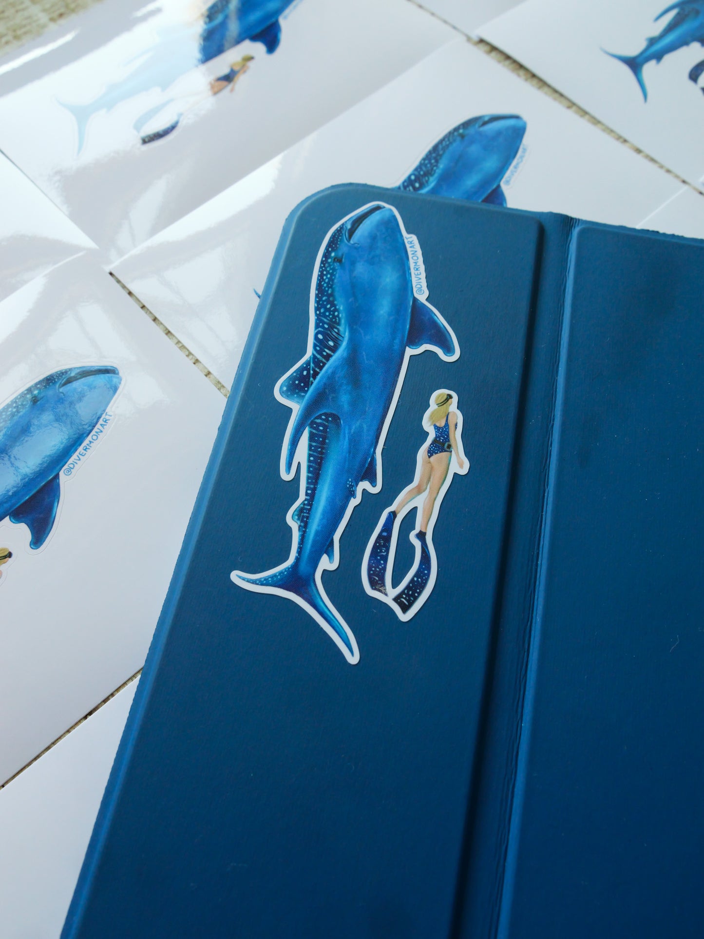 Whale Shark Blonde Diver sticker by Diver Mon Art for Ningaloo, Donsol or Maldives whale shark divers