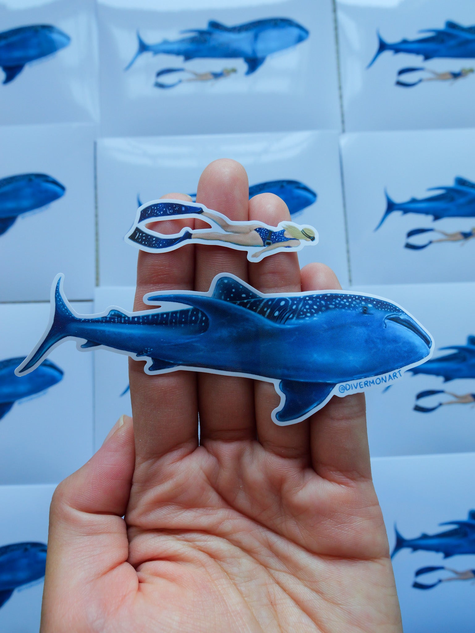 Whale Shark Blonde Diver vinyl sticker by Diver Mon Art with blonde diver and whale shark design