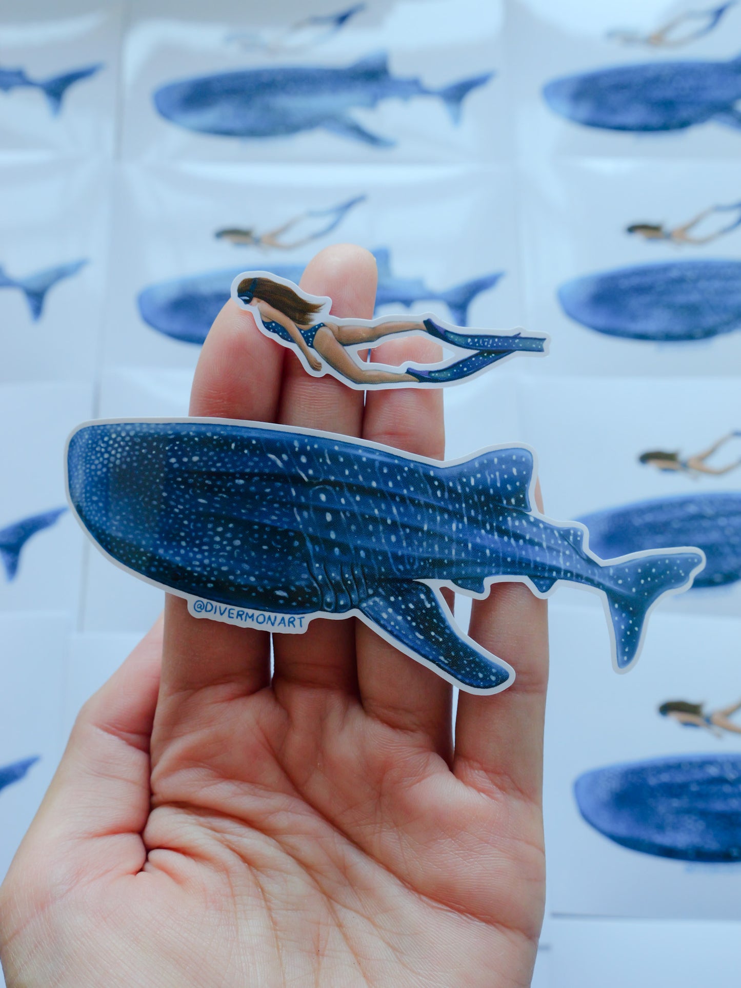 Whale Shark Brunette Diver sticker design close-up by Diver Mon Art ocean apparel