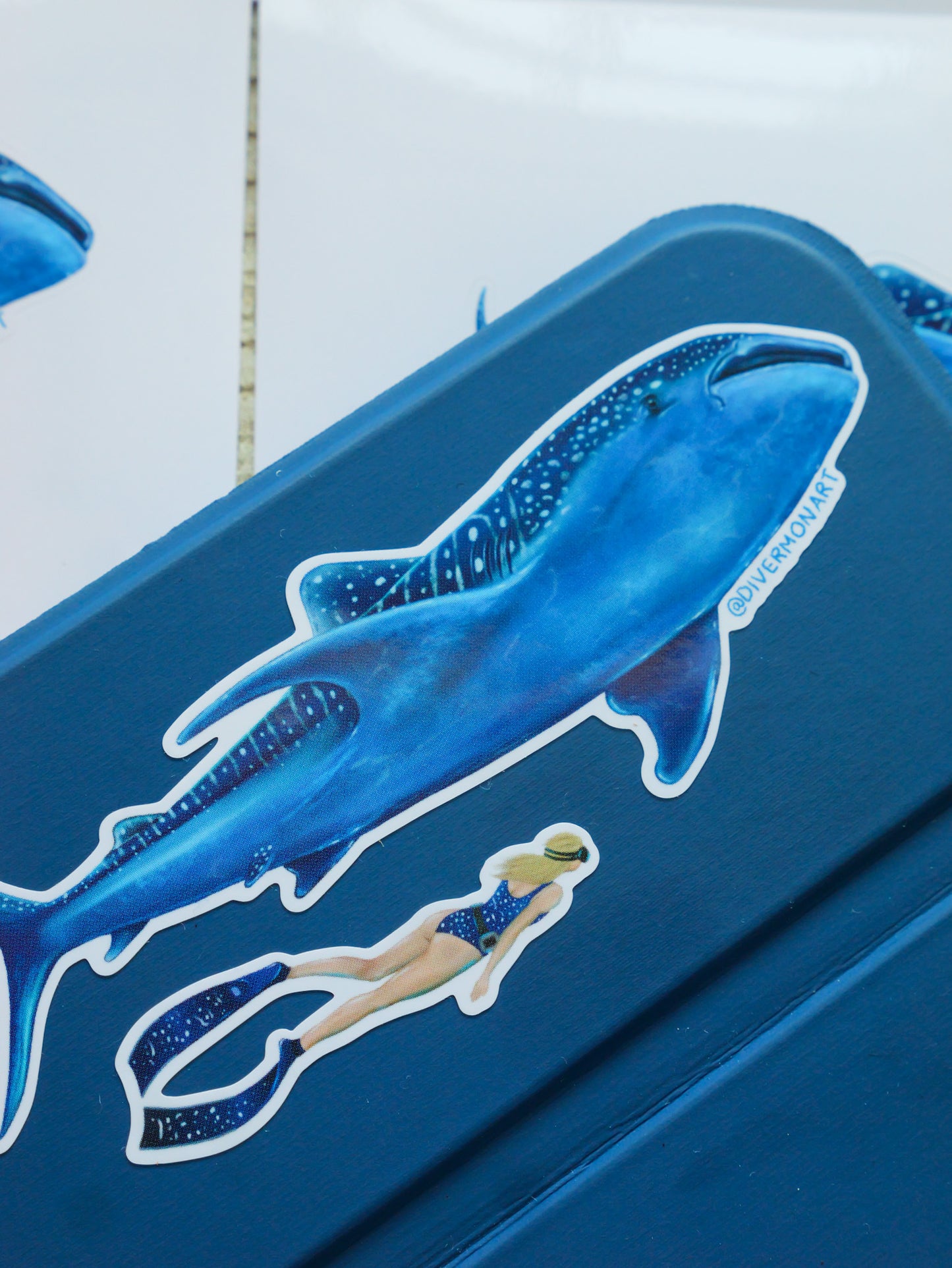 Whale Shark Blonde Diver sticker design close-up by Diver Mon Art marine illustration