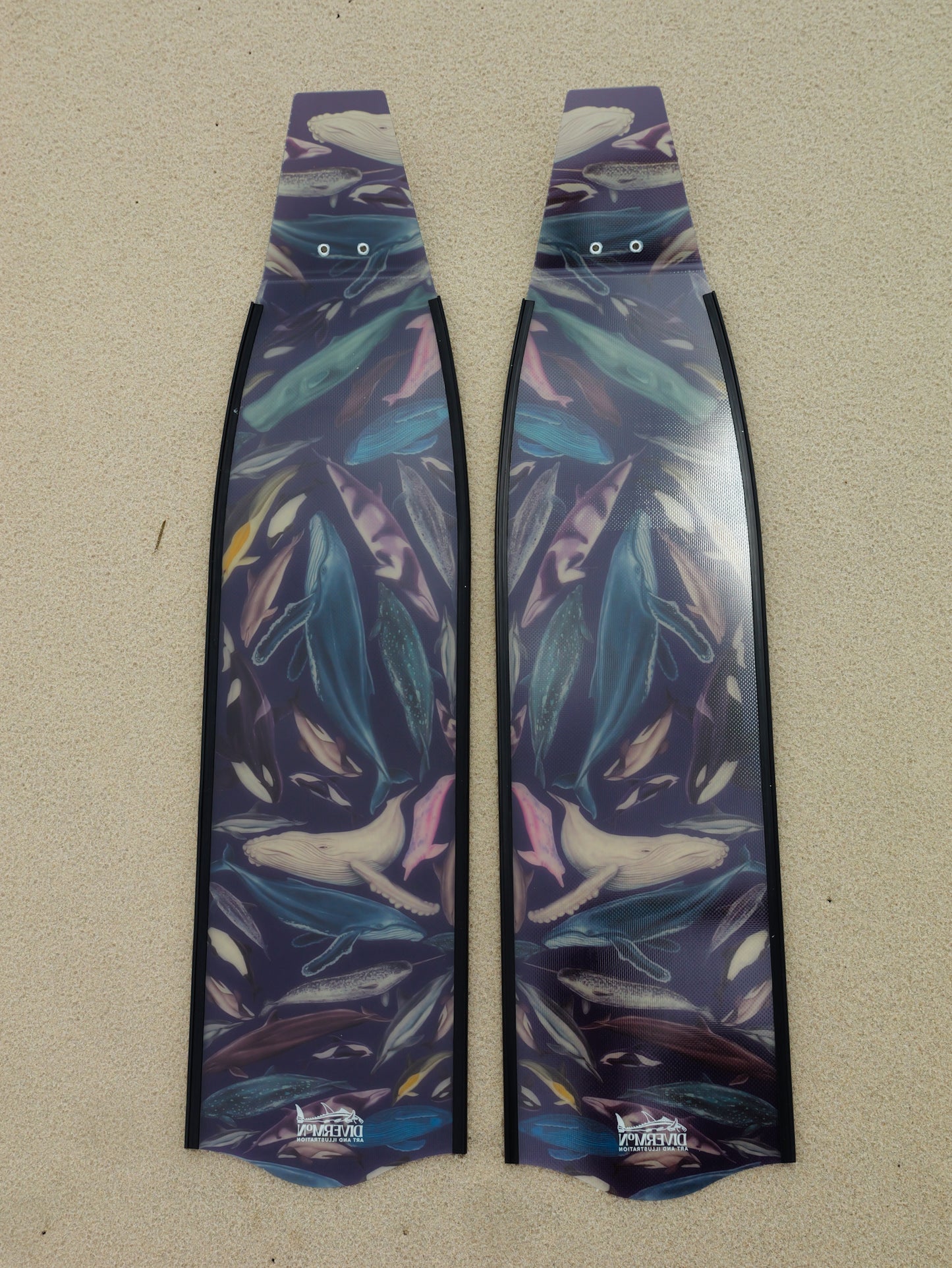 Whale artwork freediving fins featuring DiverMon marine life ocean illustration for divers