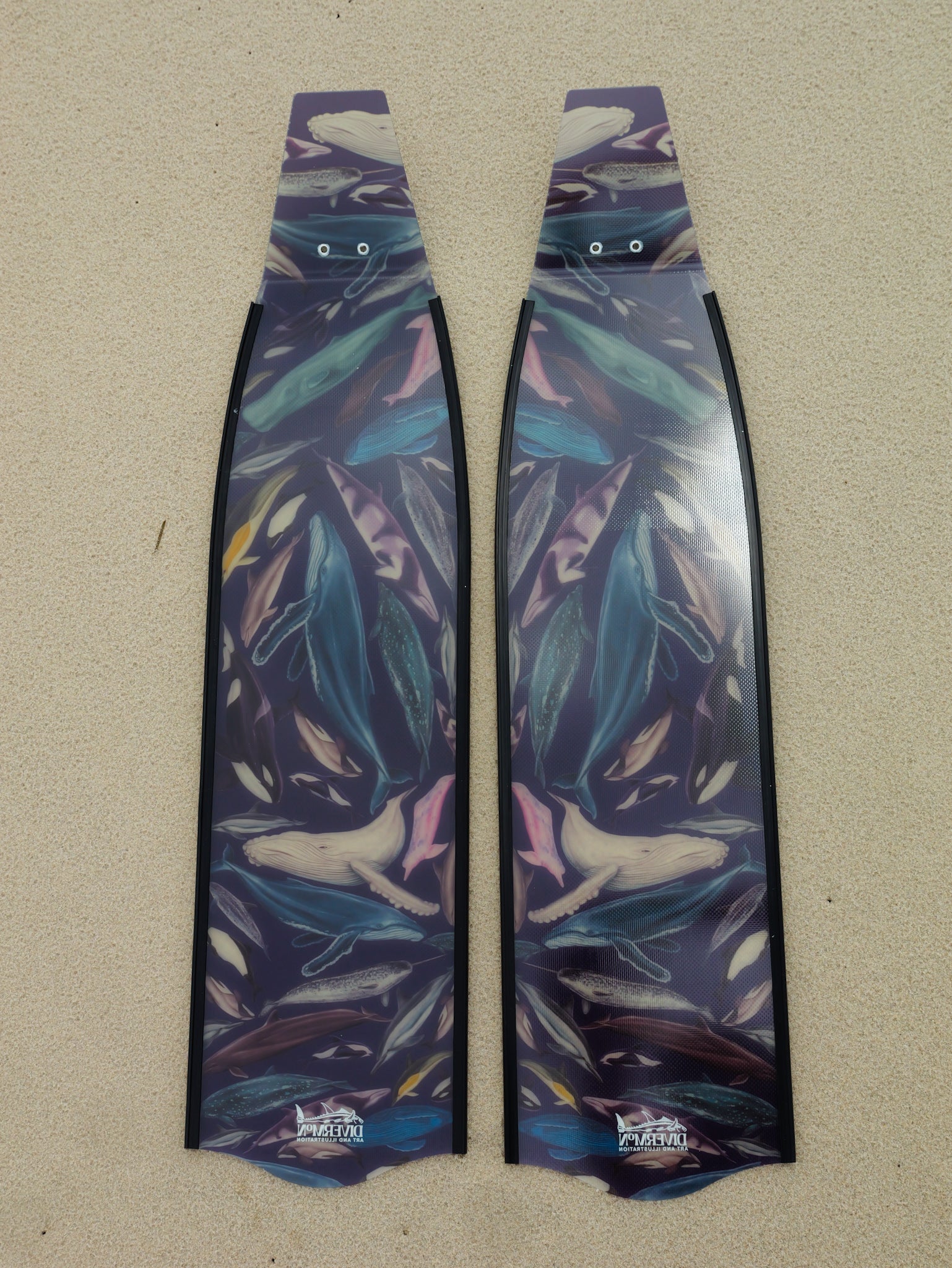 Whale artwork freediving fins featuring DiverMon marine life ocean illustration for divers