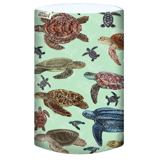 Display of the big turtles green UV gaiter buff design made from recycled polyester-spandex ocean illustration by Diver Mon Art 