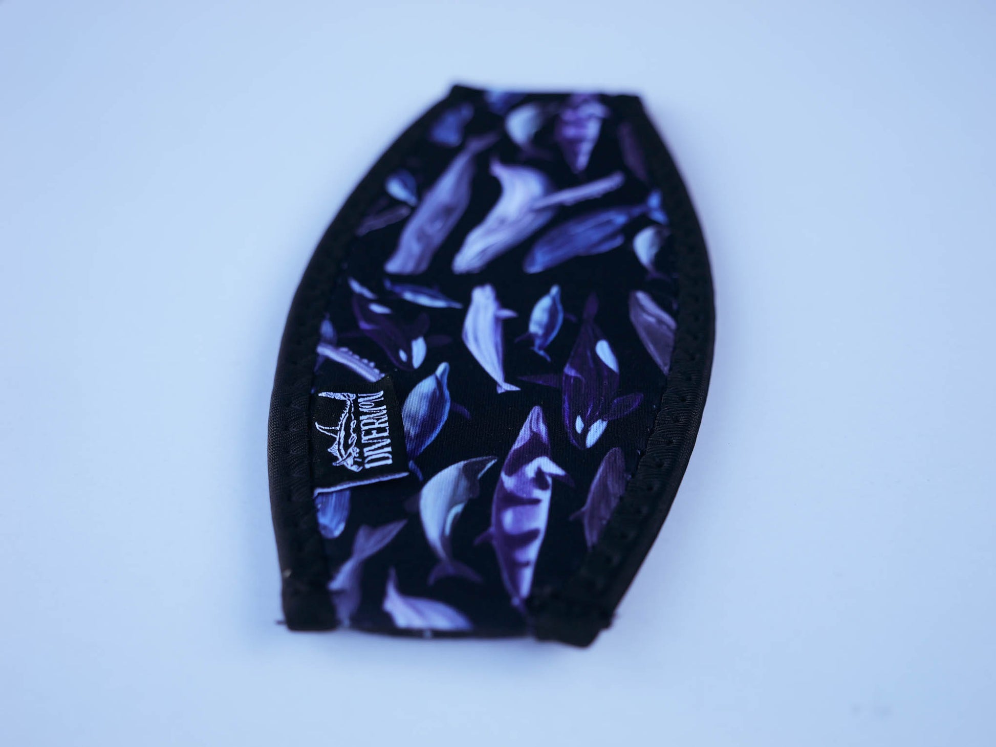 Dolphins, whales and porpoises with a black background neoprene mask strap tamer in detail close up ocean illustration by Diver Mon Art