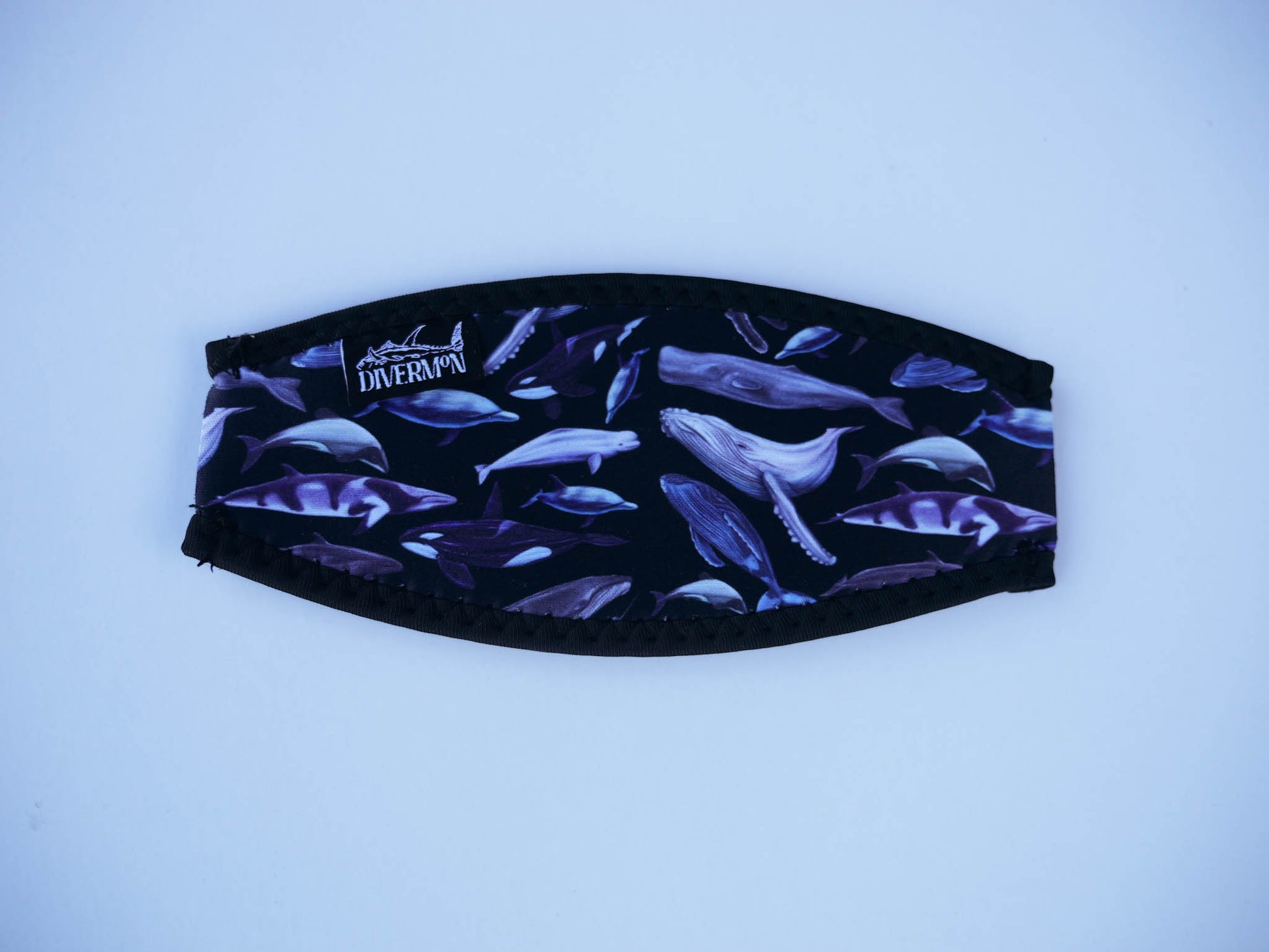 Dolphins, whales and porpoises with a black background neoprene mask strap tamer in detail close up ocean illustration by Diver Mon Art