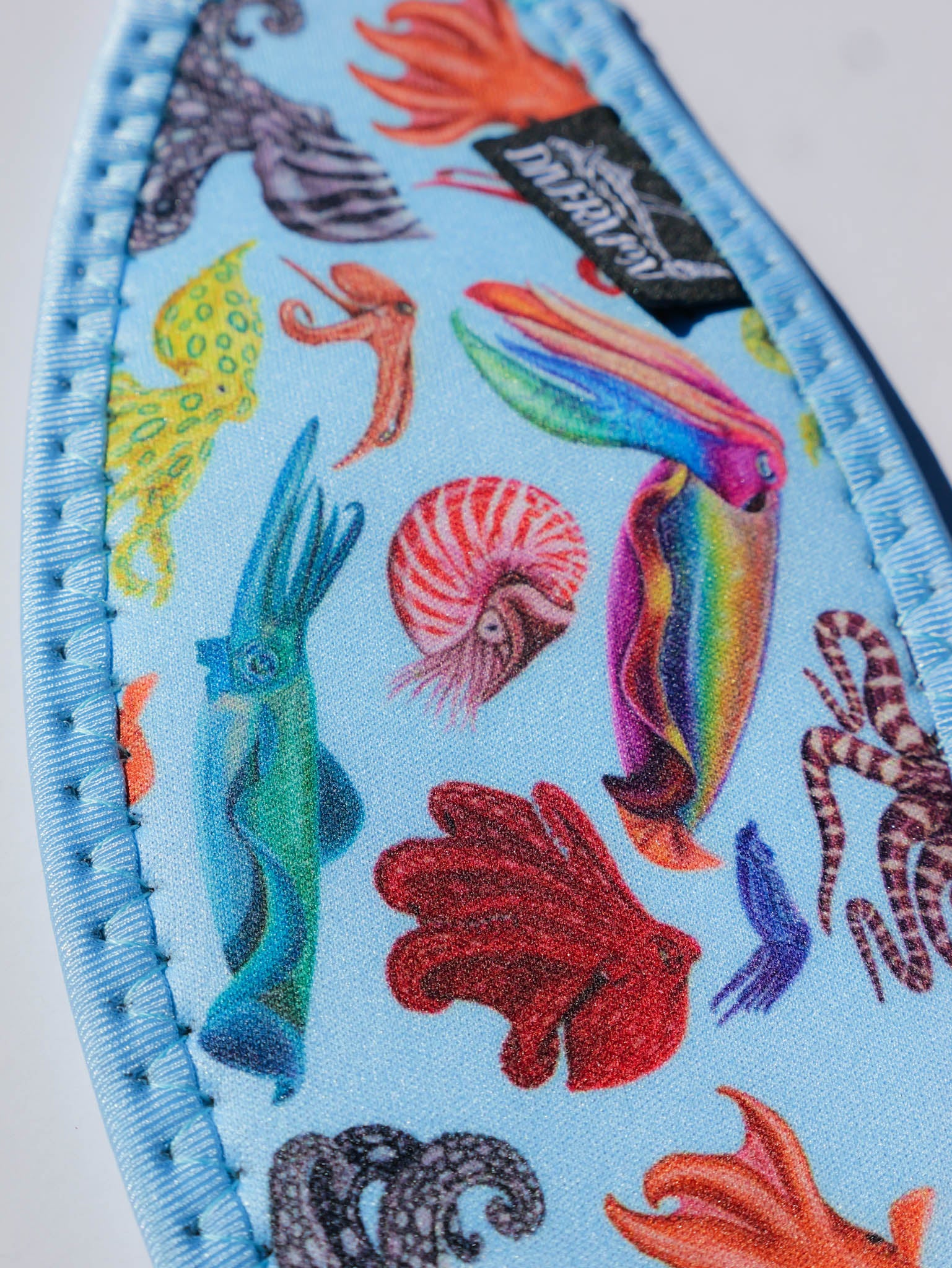 Cephalopod light blue neoprene mask tamer design in detail close up ocean illustration by Diver Mon Art 