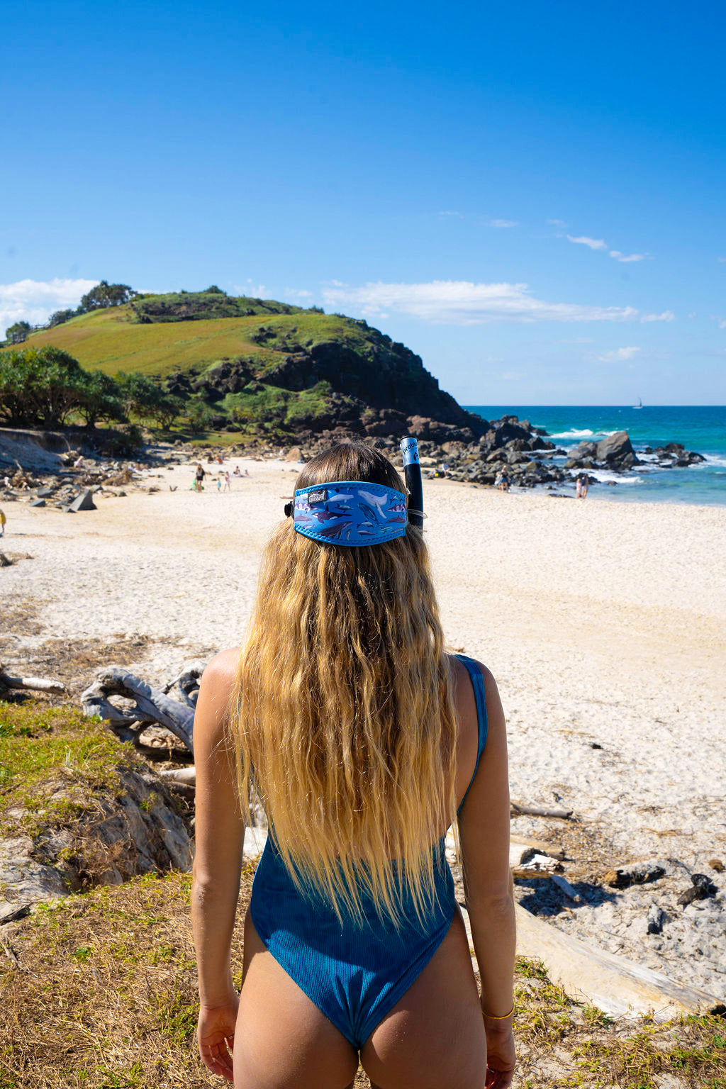 Blonde haired woman seen from behind at the beach with the Dolphins, whales and porpoises with a light blue background neoprene mask strap tamer ocean illustration by Diver Mon Art 