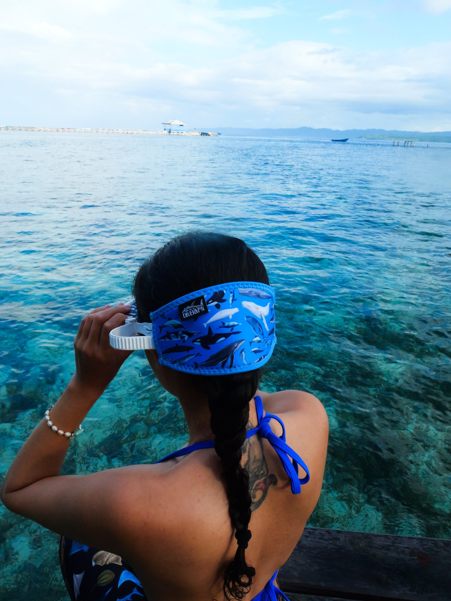 Dark haired woman in clear blue water Dolphins, whales and porpoises with a light blue background neoprene mask strap tamer ocean illustration by Diver Mon Art 