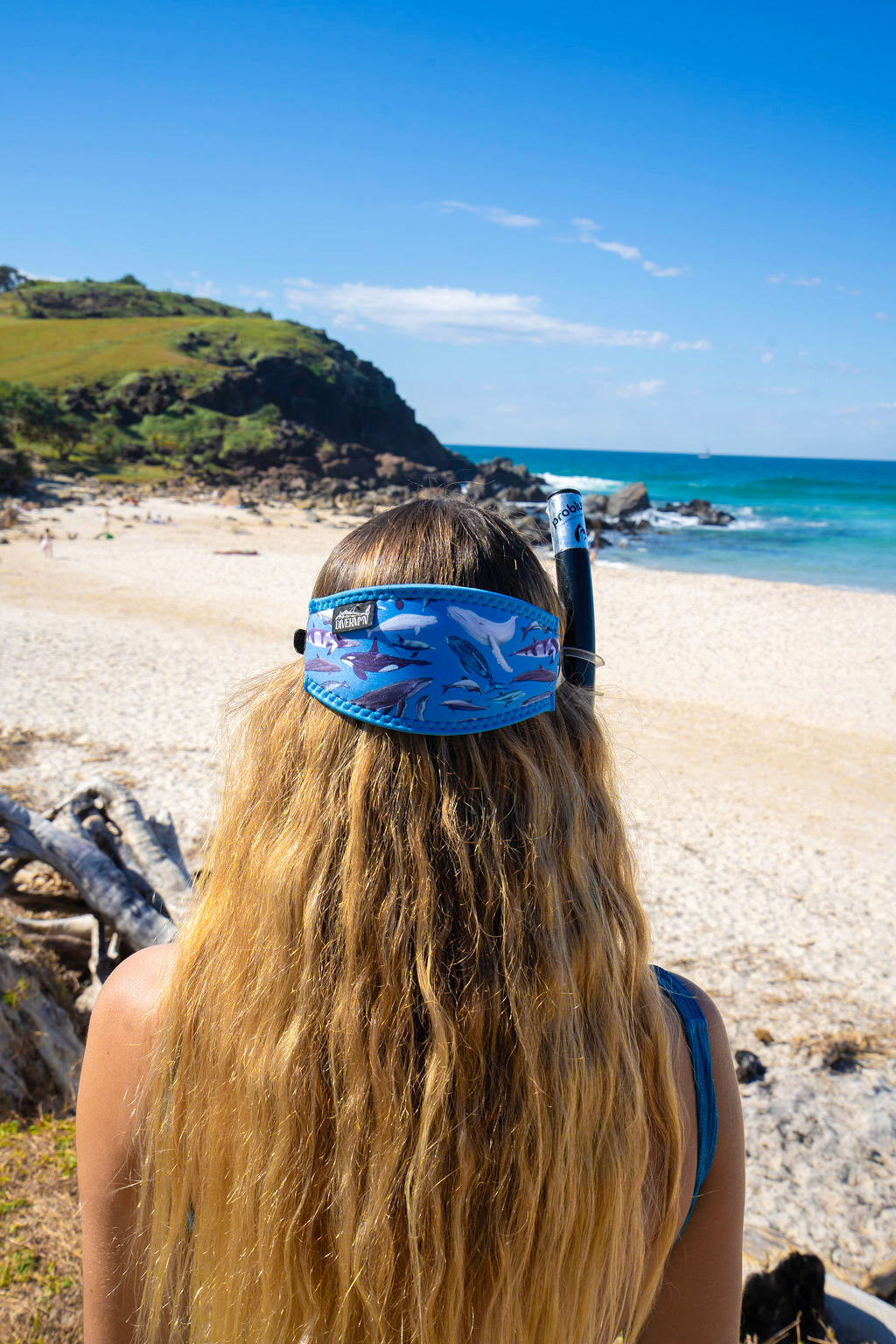 Blonde women at the beach with the Dolphins, whales and porpoises with a light blue background neoprene mask strap tamer close up ocean illustration by Diver Mon Art
