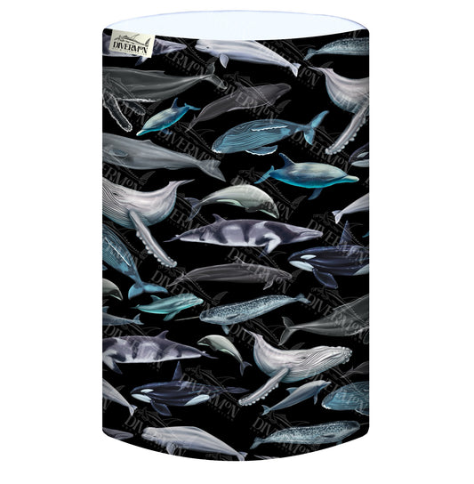 Display of the cetaceans black UV gaiter buff design made from recycled polyester-spandex ocean illustration by Diver Mon Art 