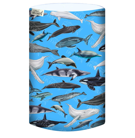 Display of the cetaceans blue UV gaiter buff design made from recycled polyester-spandex ocean illustration by Diver Mon Art 