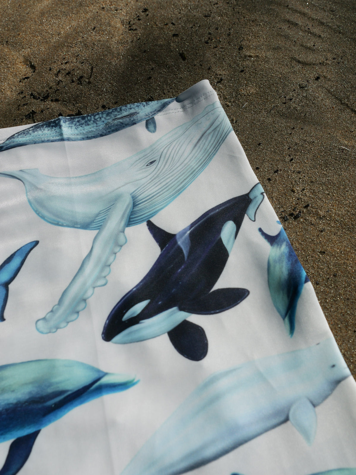 Cetaceans white UV gaiter buff design shown top right corner close up in great detail sand background made from recycled polyester-spandex ocean illustration by Diver Mon Art 