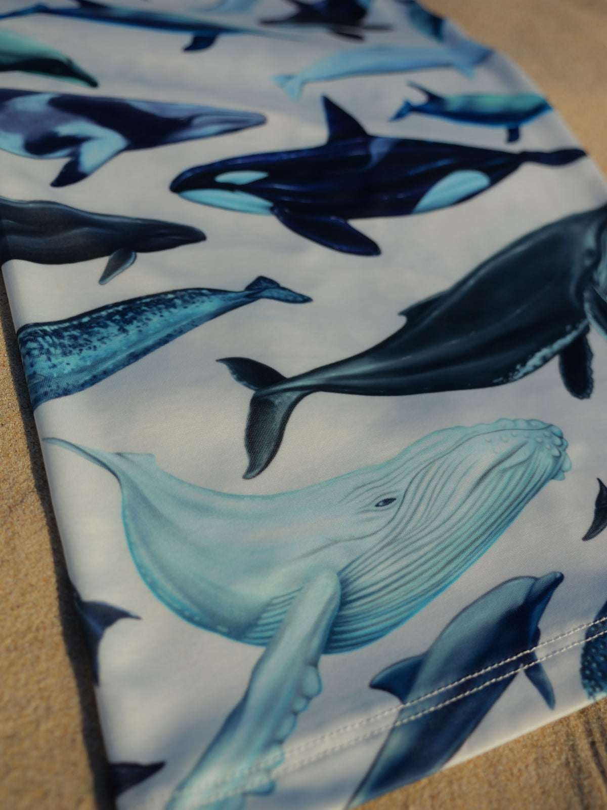 Cetaceans white UV gaiter buff design shown close up laid out bottom left corner in great detail sand background made from recycled polyester-spandex ocean illustration by Diver Mon Art 