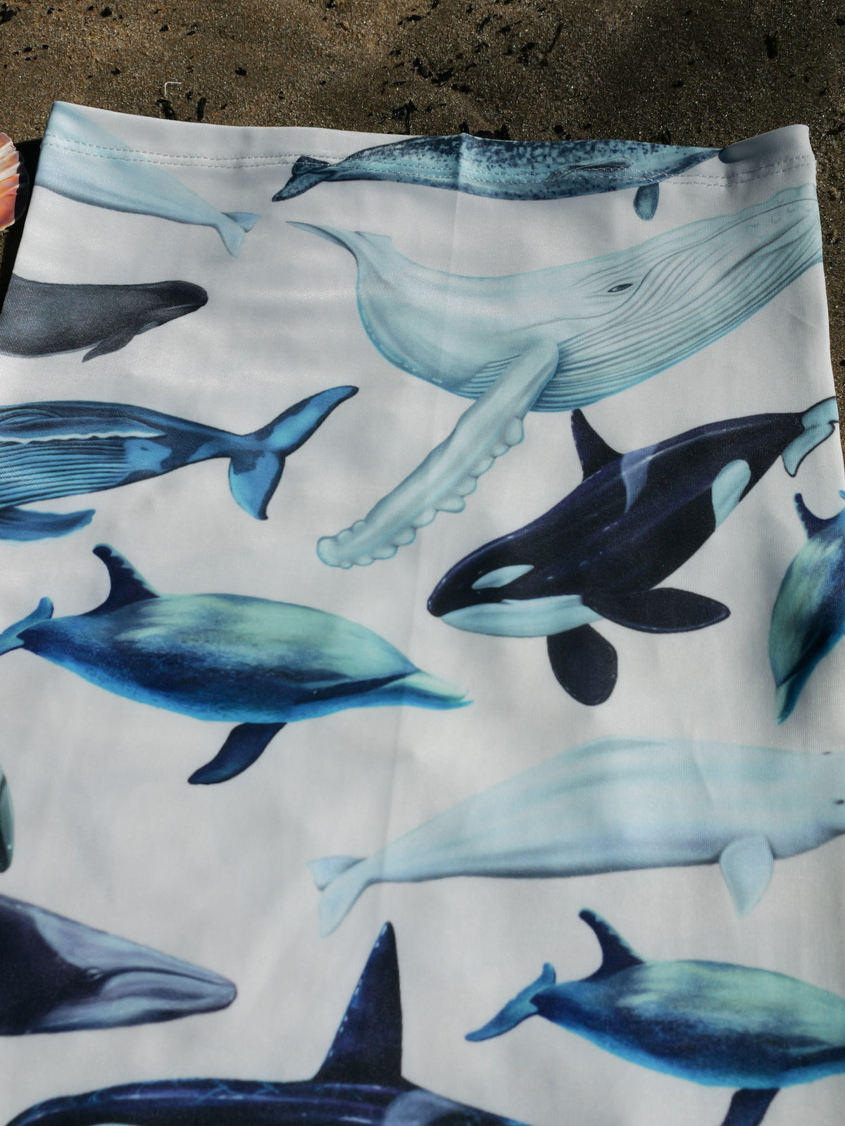 Cetaceans white UV gaiter buff design shown top half close up in great detail sand background made from recycled polyester-spandex ocean illustration by Diver Mon Art 