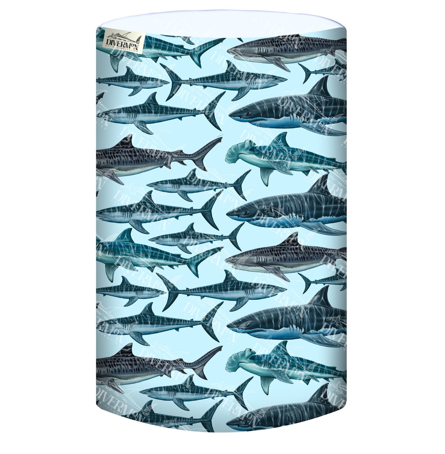 Diver Mon Art UV gaiter with illustrated sharks on light blue background