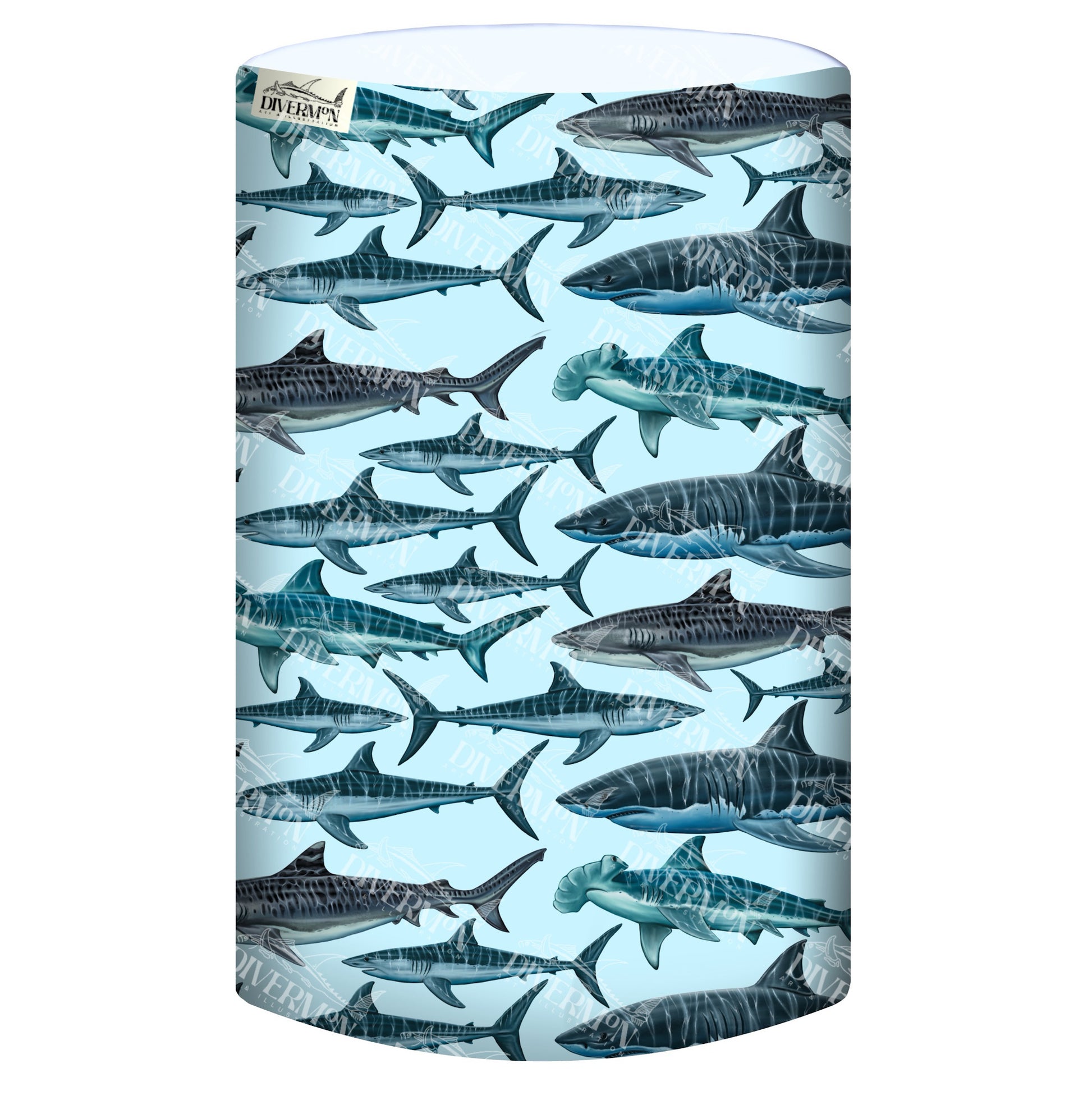 Diver Mon Art UV gaiter with illustrated sharks on light blue background