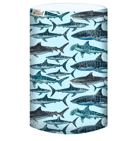 Diver Mon Art UV gaiter with illustrated sharks on light blue background