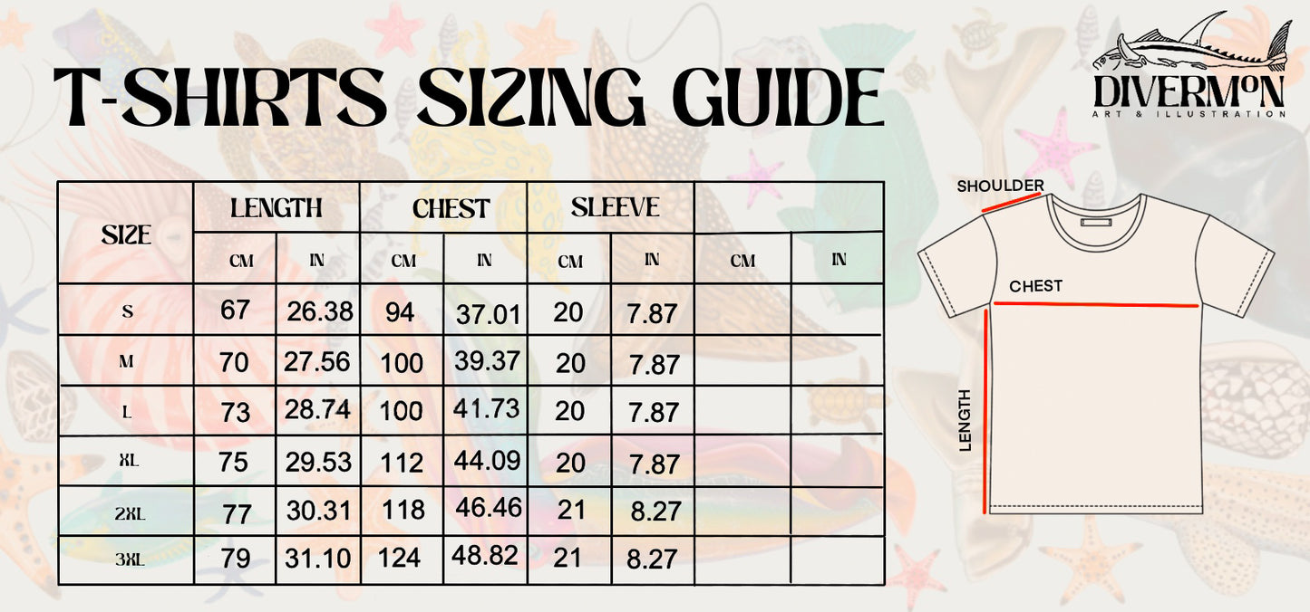 Diver Mon Art t-shirt sizing guide showing measurements for marine life graphic tees