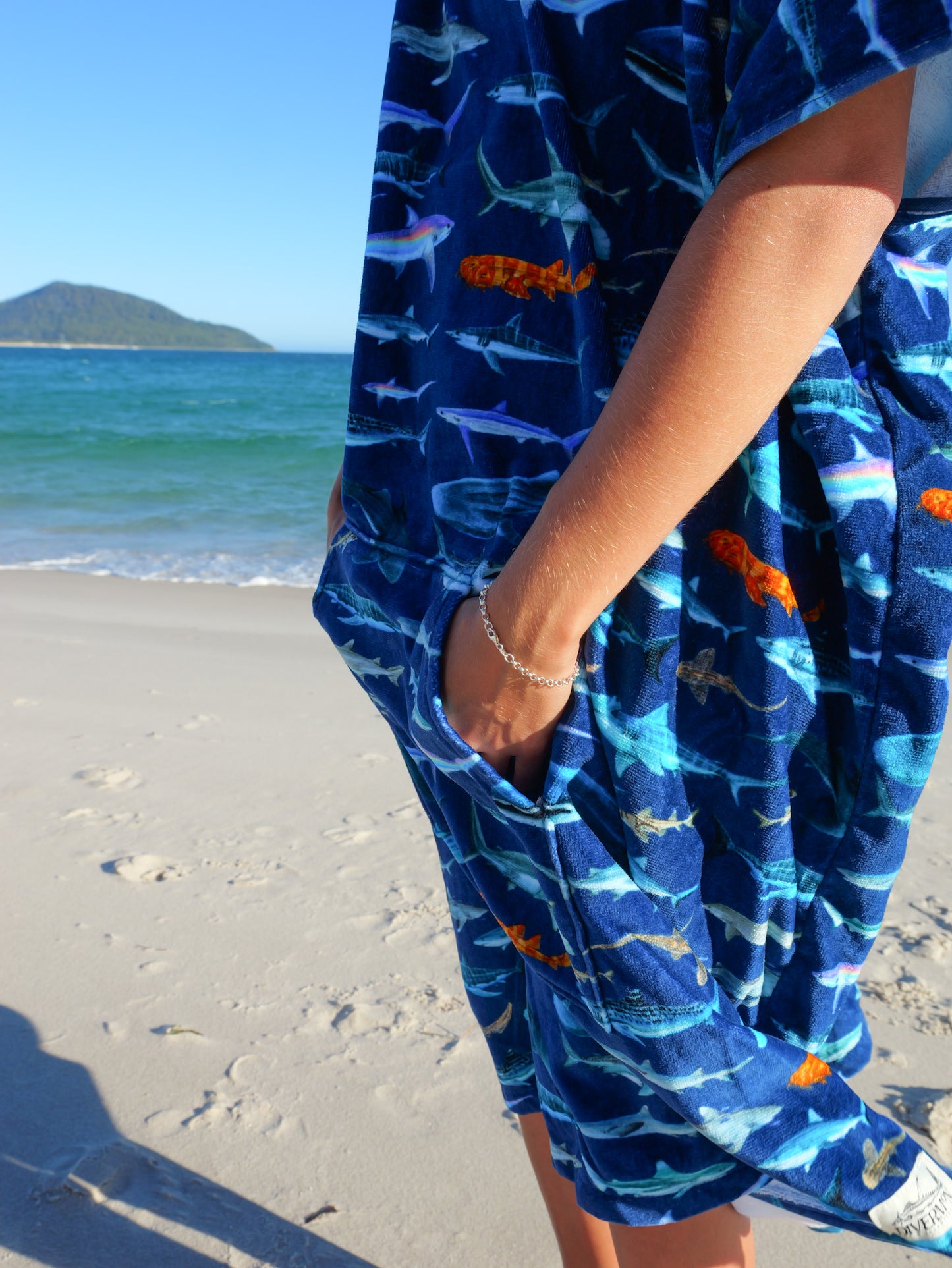 Hooded Cotton Sharks beach towel detail close up Divermon ocean print