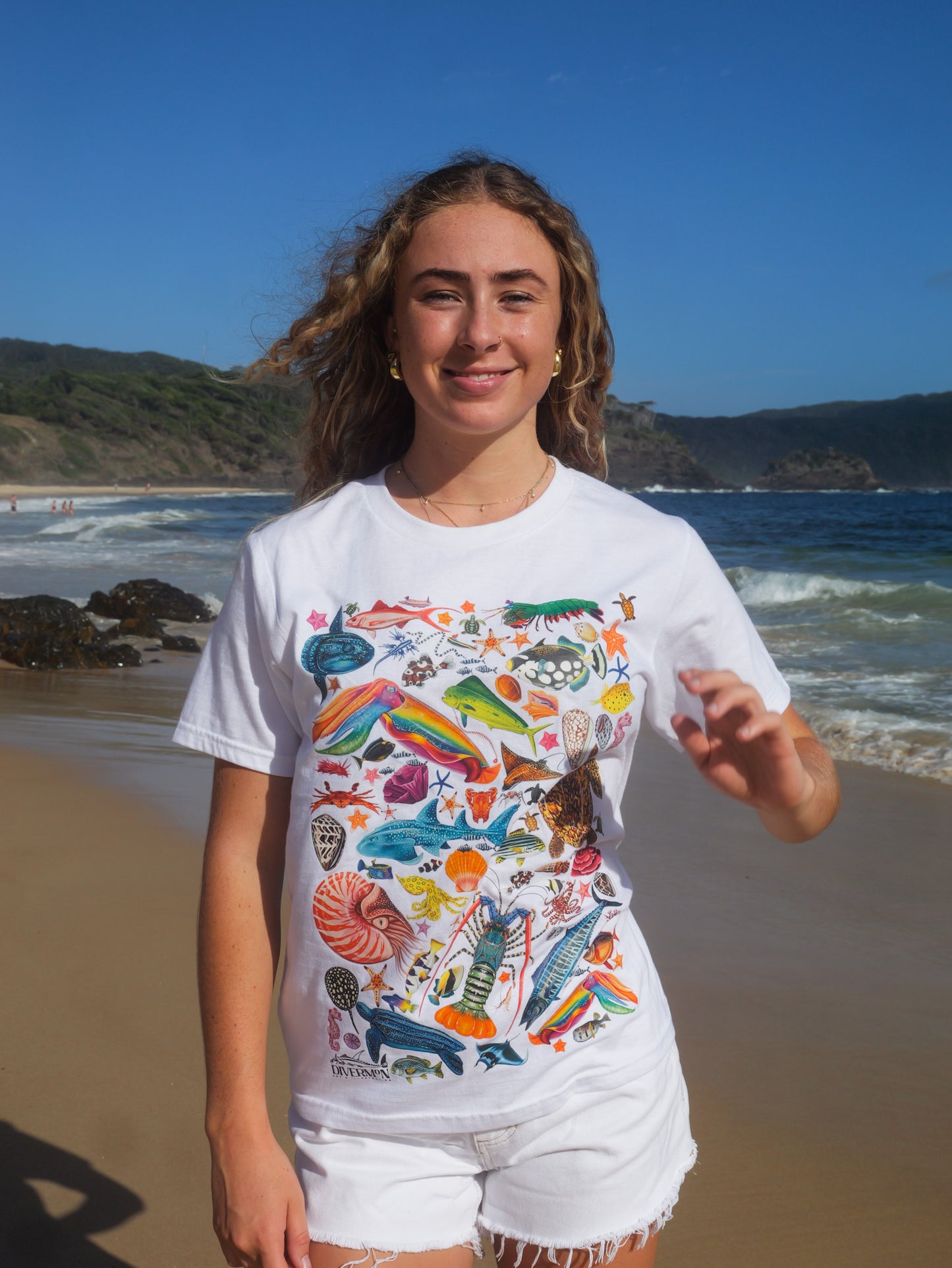 Divermon Rainbow t-shirt detail showing Divermon marine life illustration