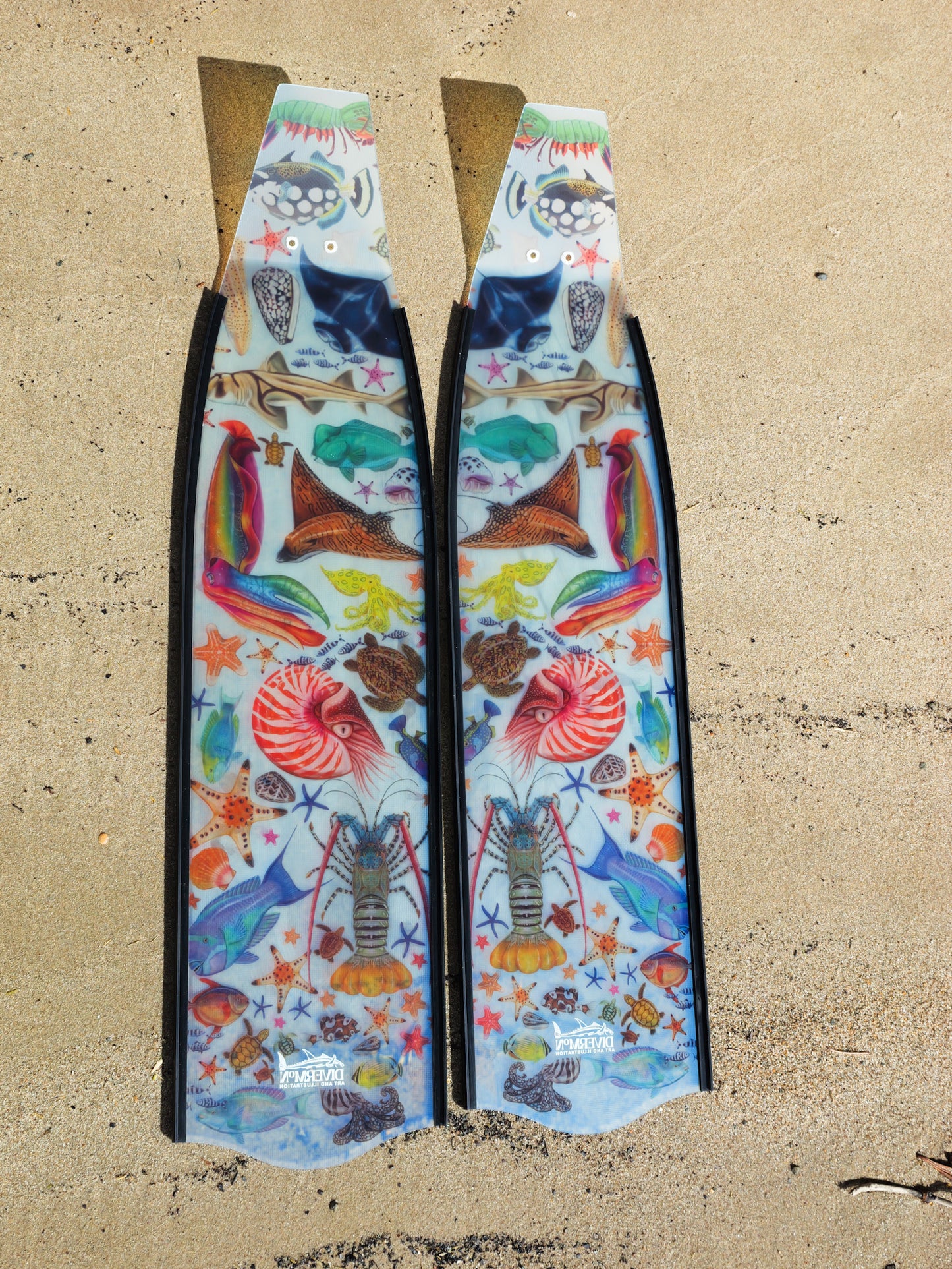 Rainbow Black long blade freediving fins by Divermon Art with original ocean artwork