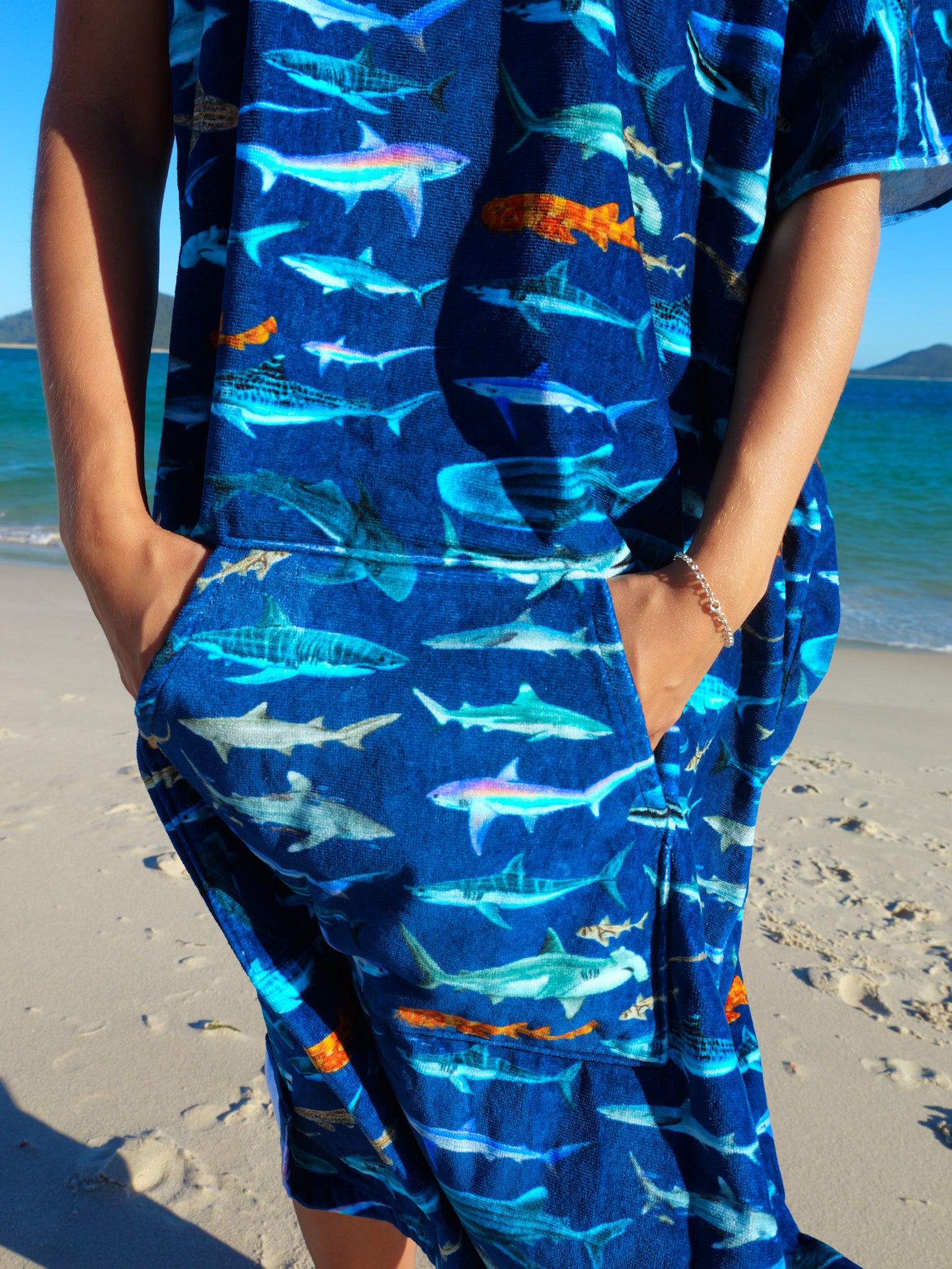 Hooded Cotton Sharks XL beach towel folded view Divermon Art marine design